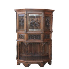 Antique French Gothic Sacristy Vestry Altar Wine Cabinet Bar Catholic Carved Oak