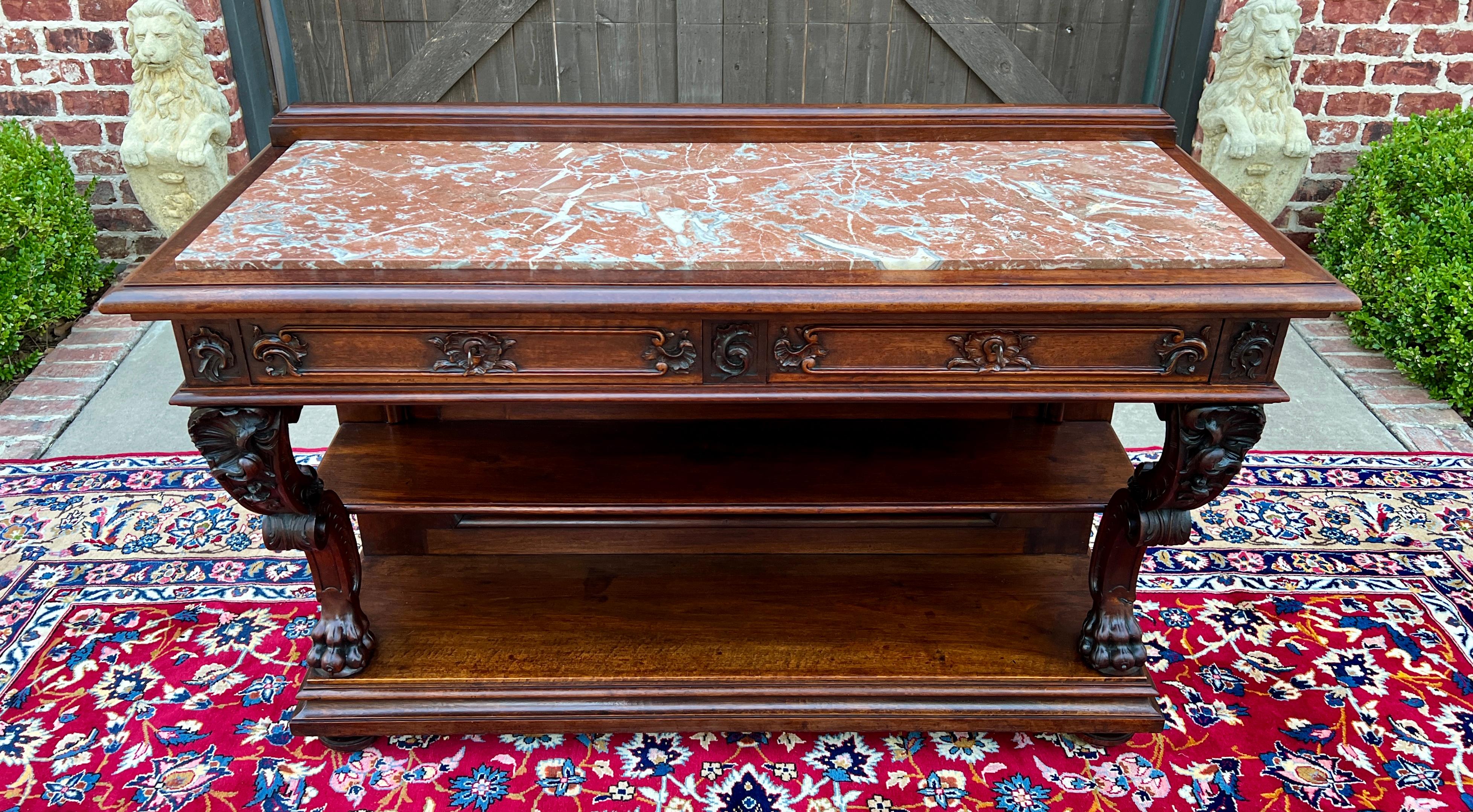 Antique French Servidor Aparador Consola Mesa 2 Pisos Nogal Tapa de Mármol en venta 3