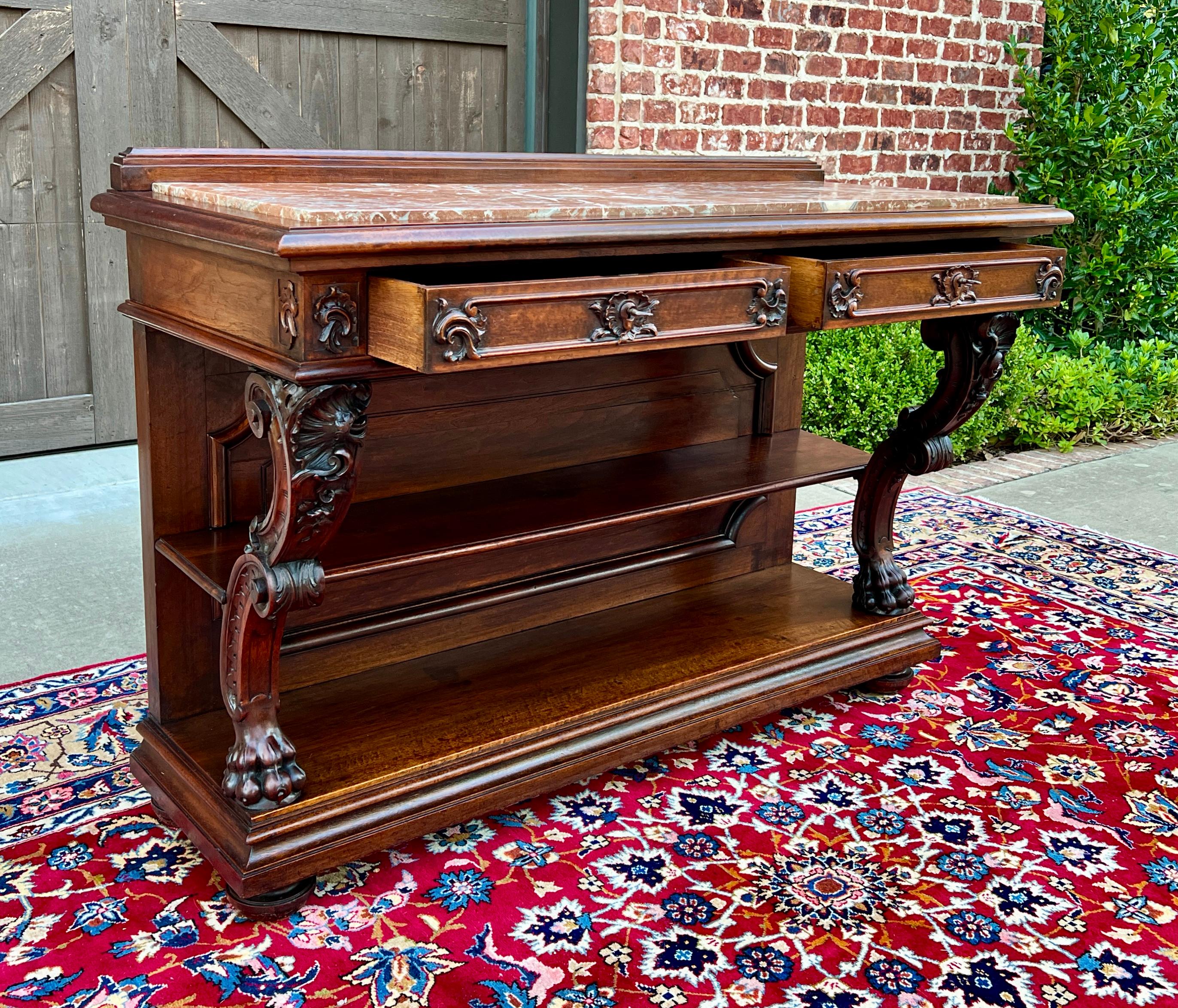 Antique French Servidor Aparador Consola Mesa 2 Pisos Nogal Tapa de Mármol en venta 7