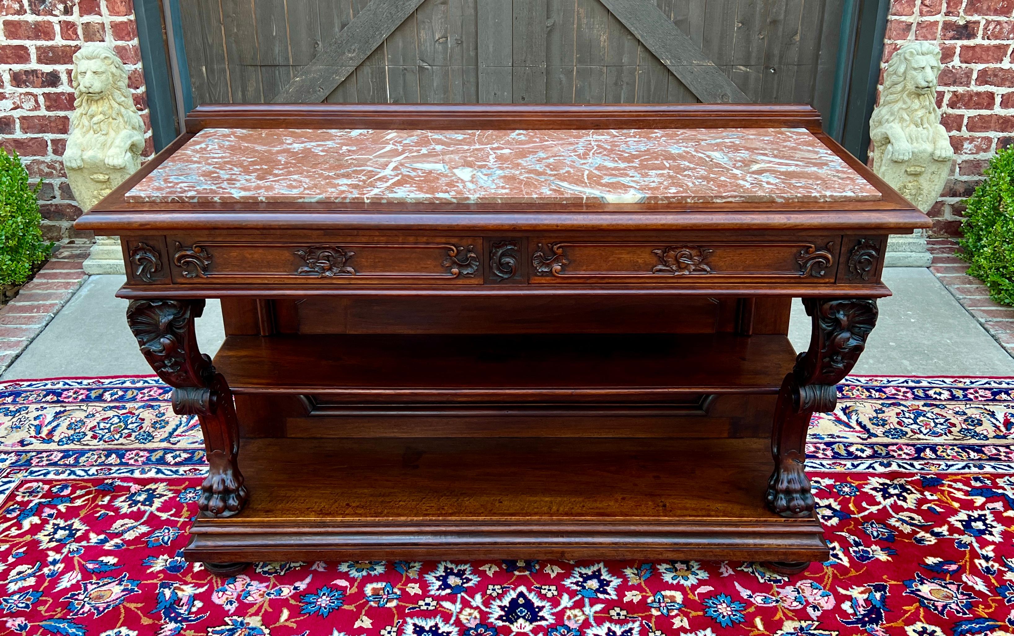 Antique French Servidor Aparador Consola Mesa 2 Pisos Nogal Tapa de Mármol en venta 9