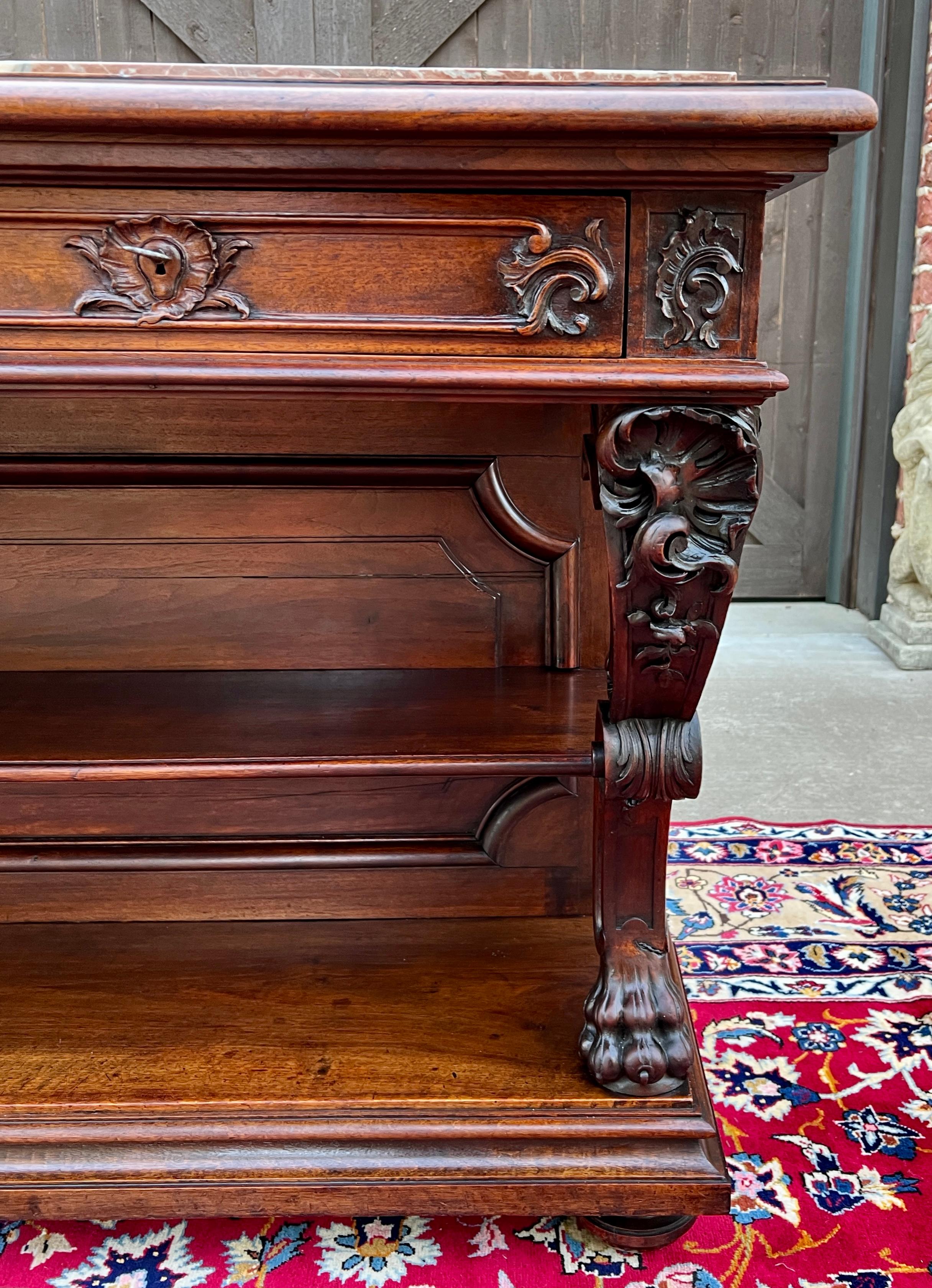 Antique French Servidor Aparador Consola Mesa 2 Pisos Nogal Tapa de Mármol en venta 11