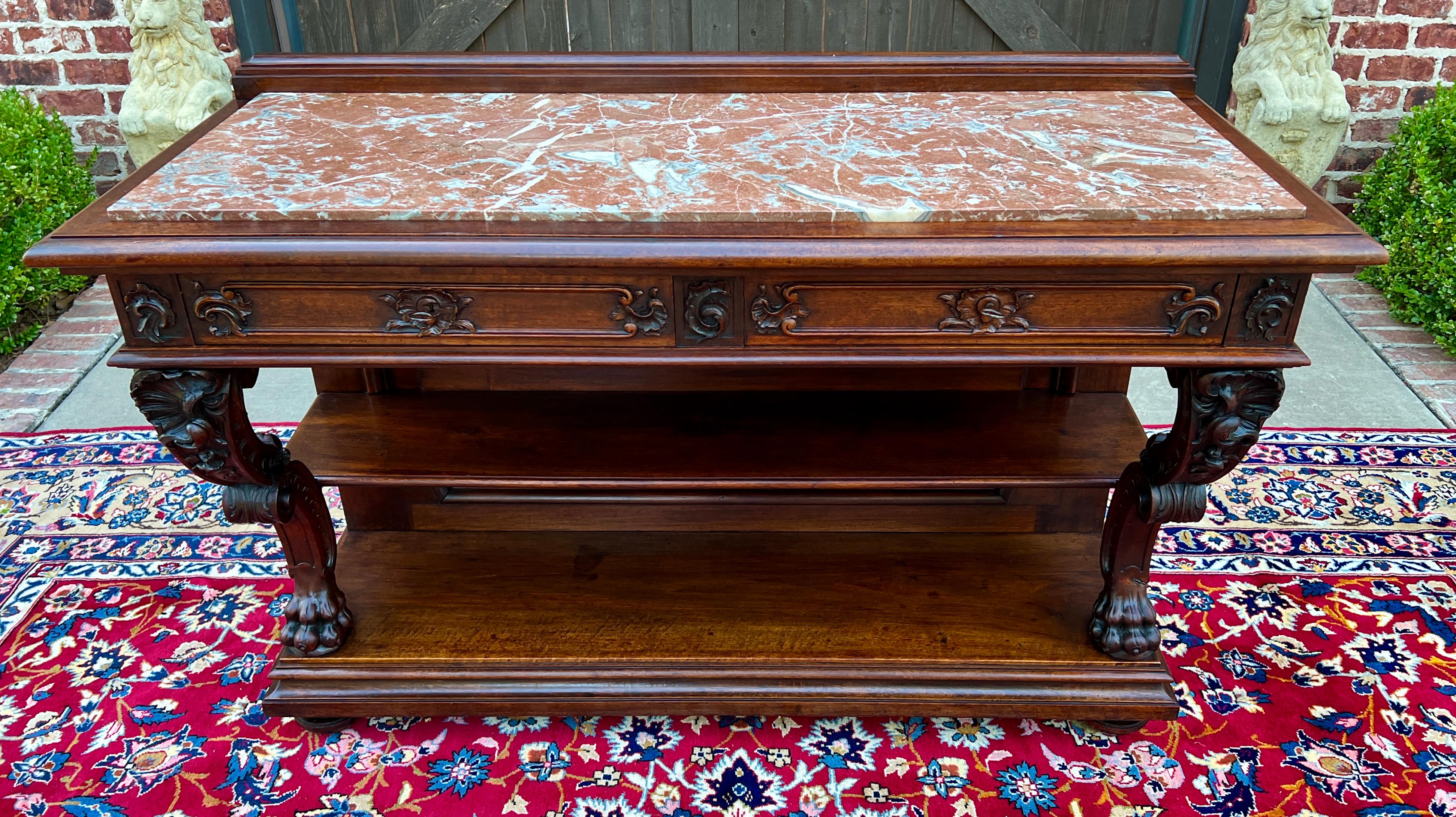 Antique French Servidor Aparador Consola Mesa 2 Pisos Nogal Tapa de Mármol en venta 12