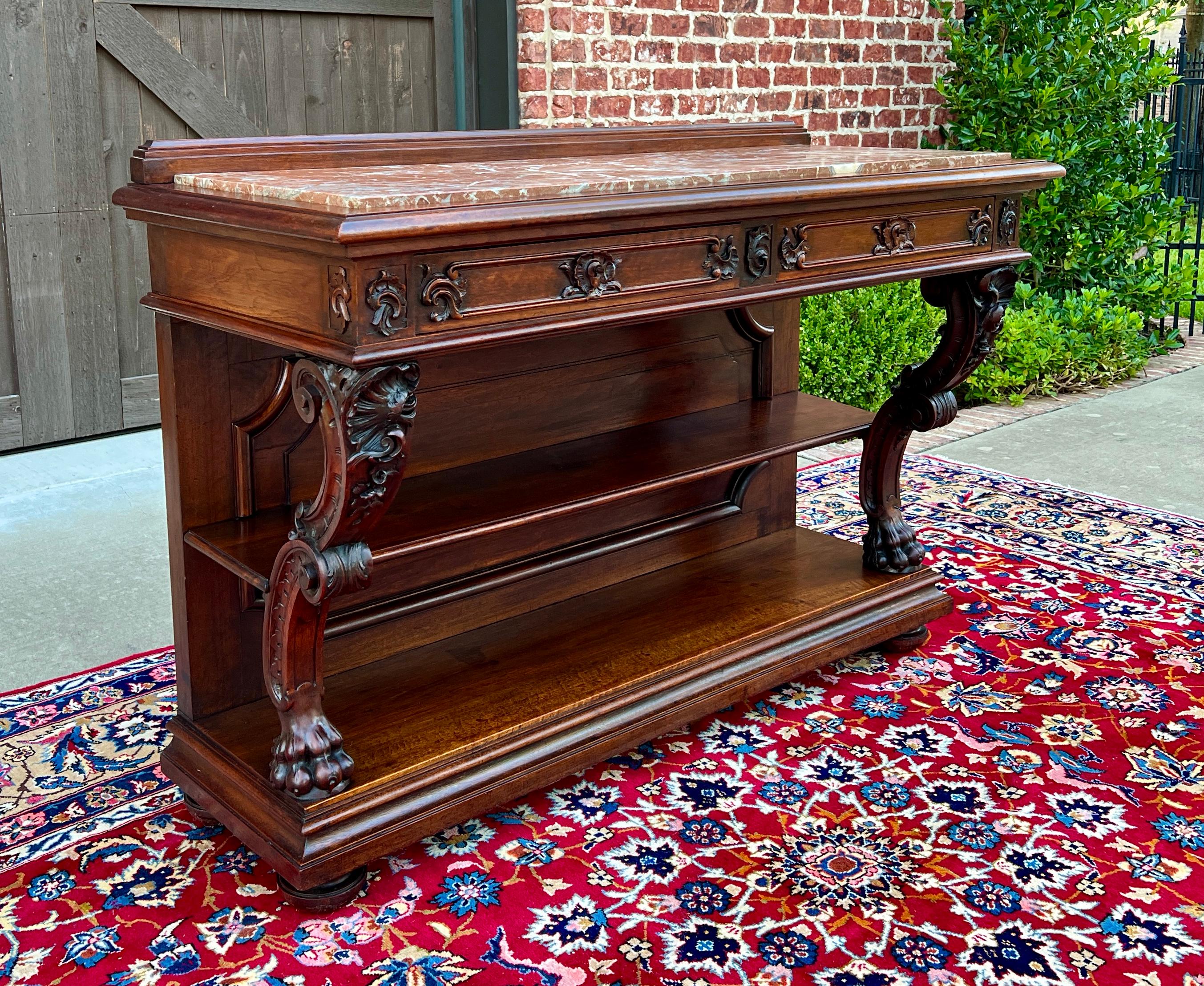 Antique French Servidor Aparador Consola Mesa 2 Pisos Nogal Tapa de Mármol Francés en venta
