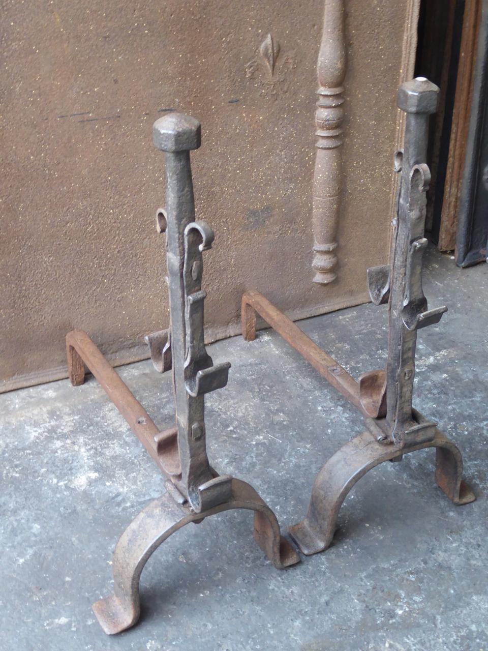 Forged Antique French Gothic Style Andirons or Firedogs For Sale