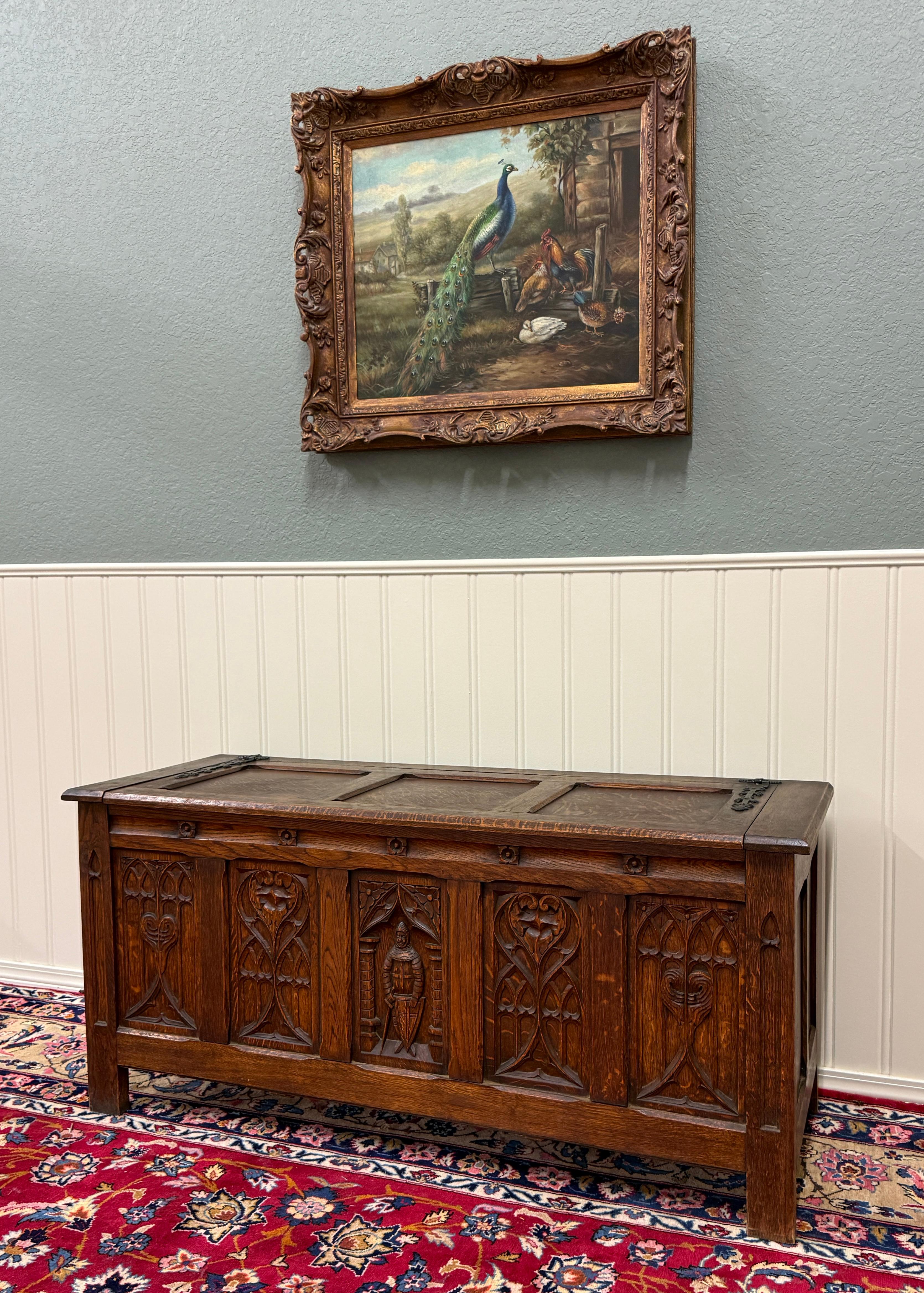 Néo-gothique Antique French Gothic Trunk Chest Blanket Box Storage Coffer Knights Oak 19thC en vente
