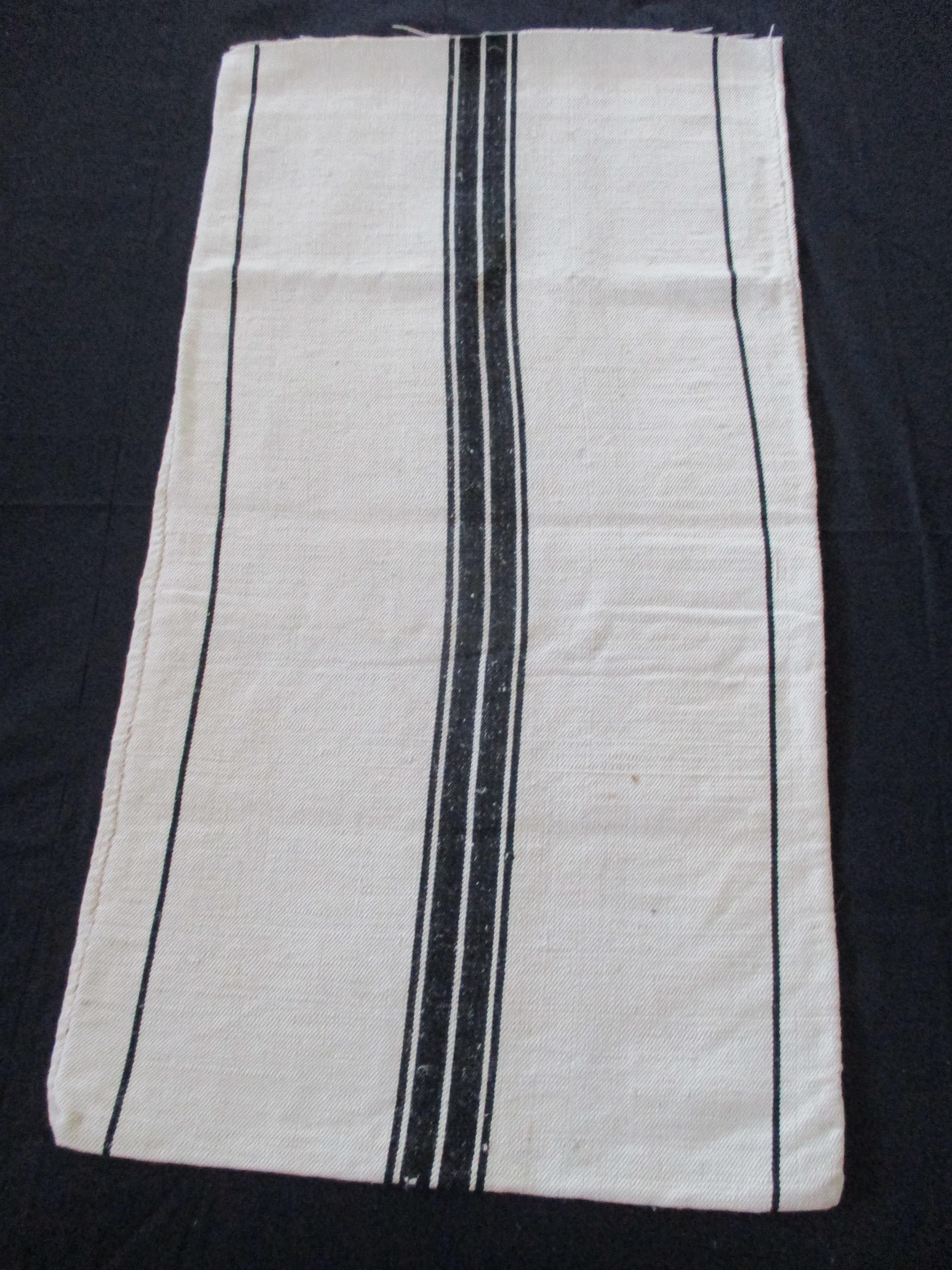 French Provincial Antique French Grain Sack with Black and Natural Stripes