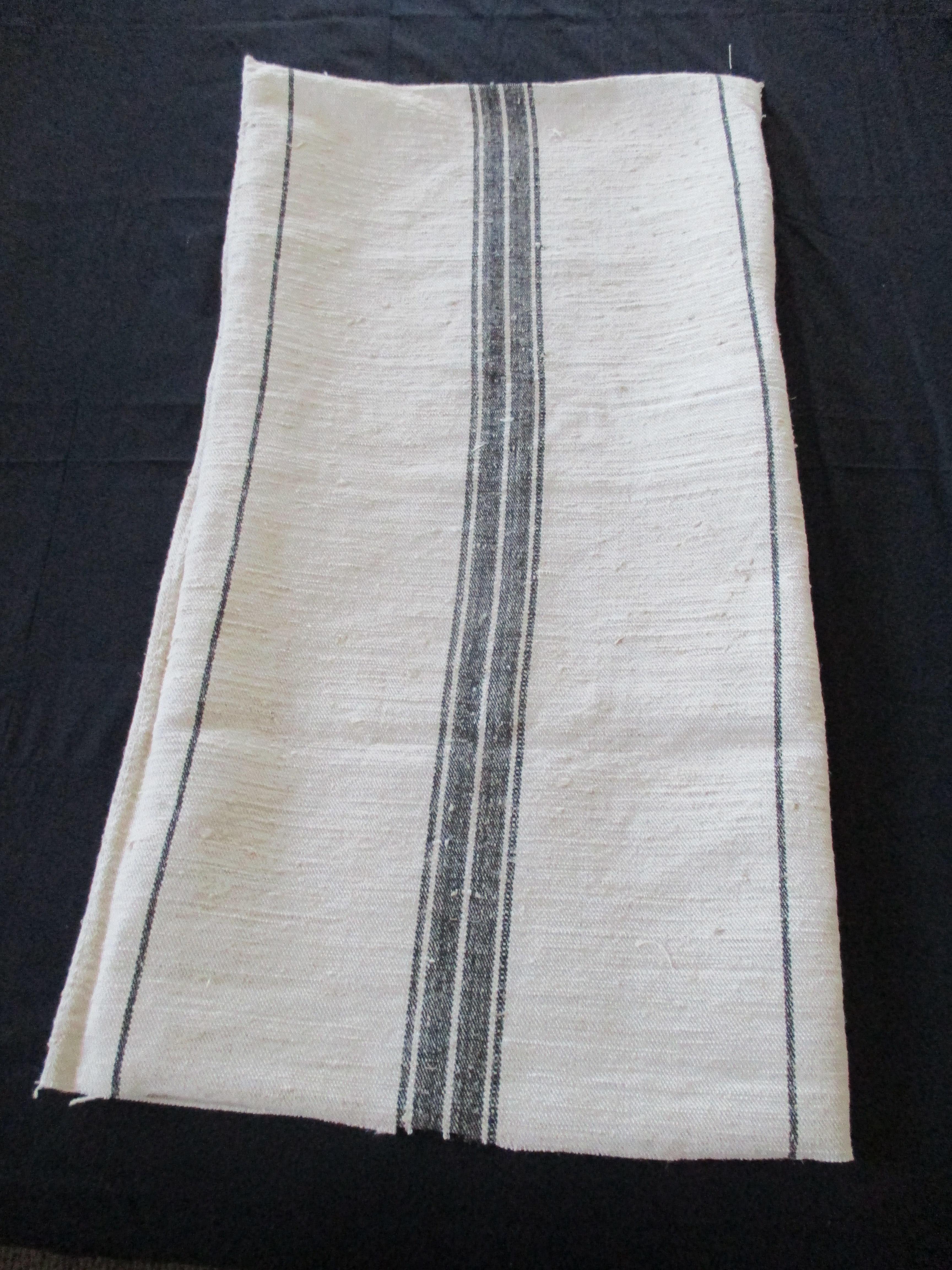 Hand-Crafted Antique French Grain Sack with Black and Natural Stripes