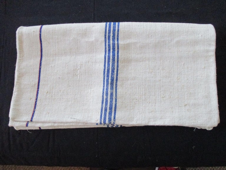 Antique French Grain Sack with Blue and Red Stripes For Sale at 1stDibs