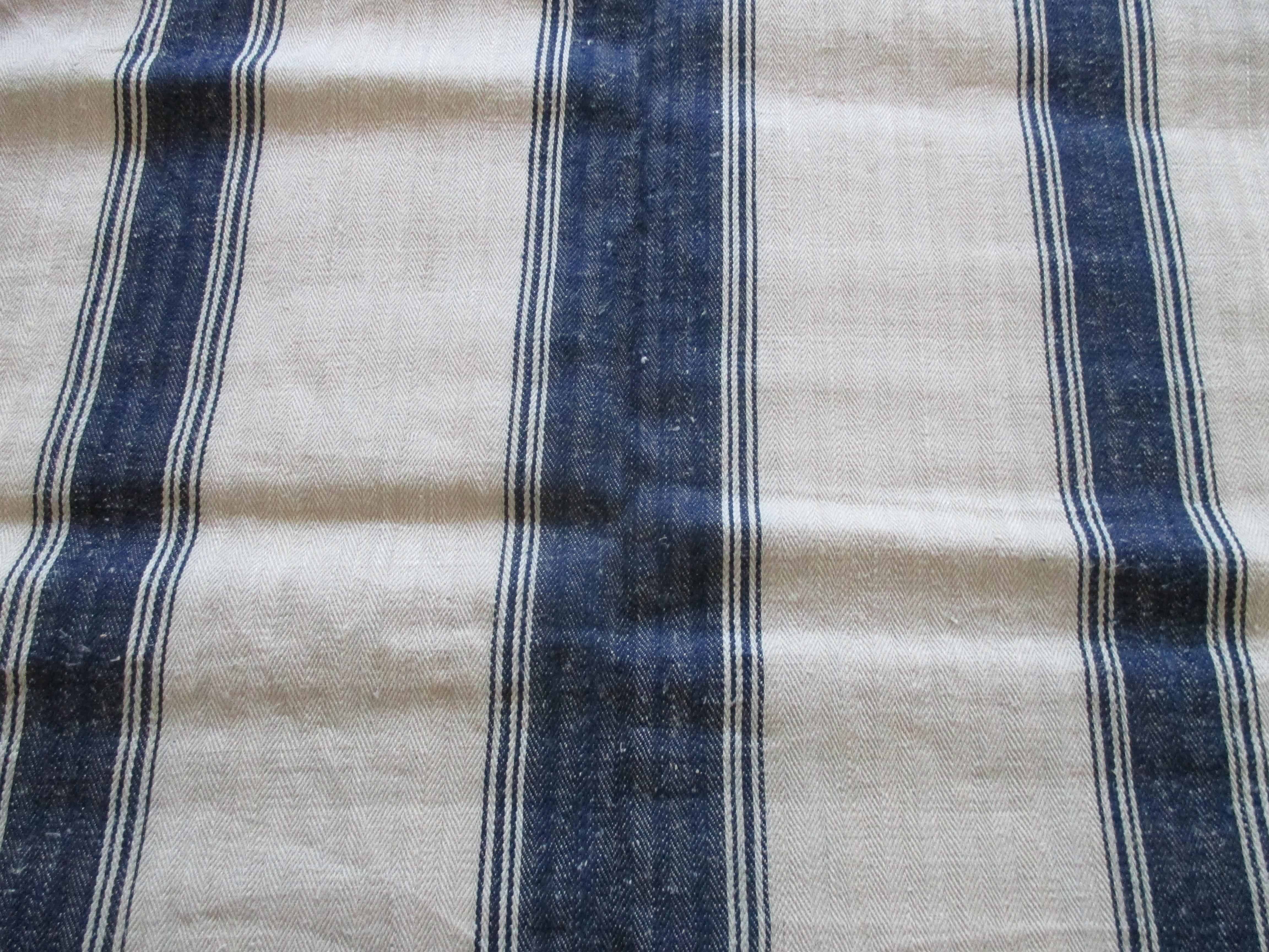 Antique French Grain Sack with Indigo and Natural Stripes In Good Condition In Oakland Park, FL