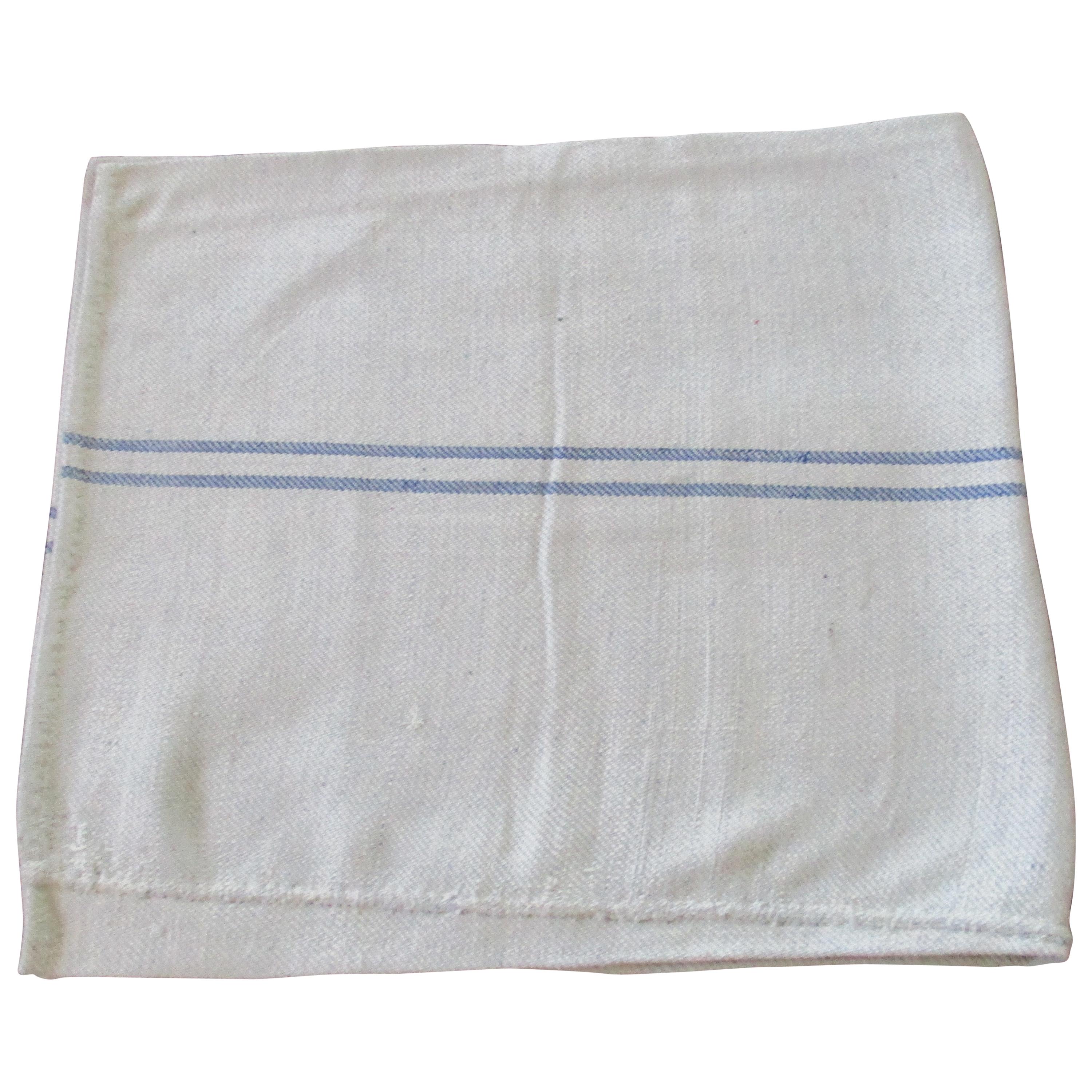 Antique French Grain Sack with Parallel Blue and Natural Stripes