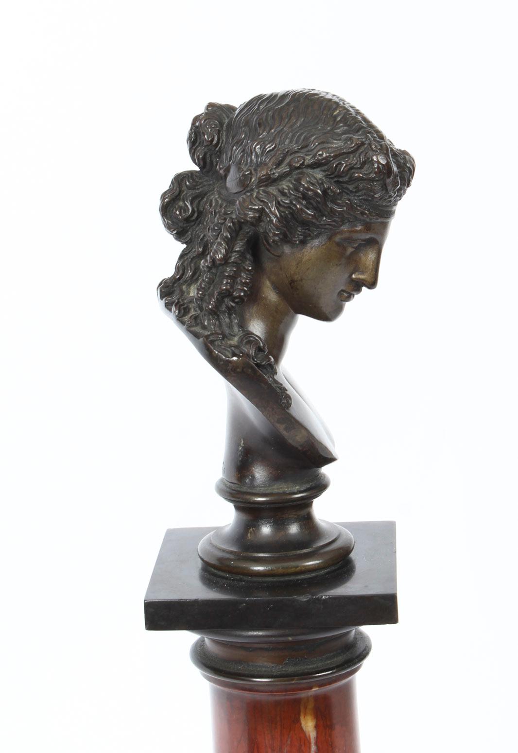 Bronze Antique French Grand Tour Bust of Ariadne on Marble Column, 19th Century
