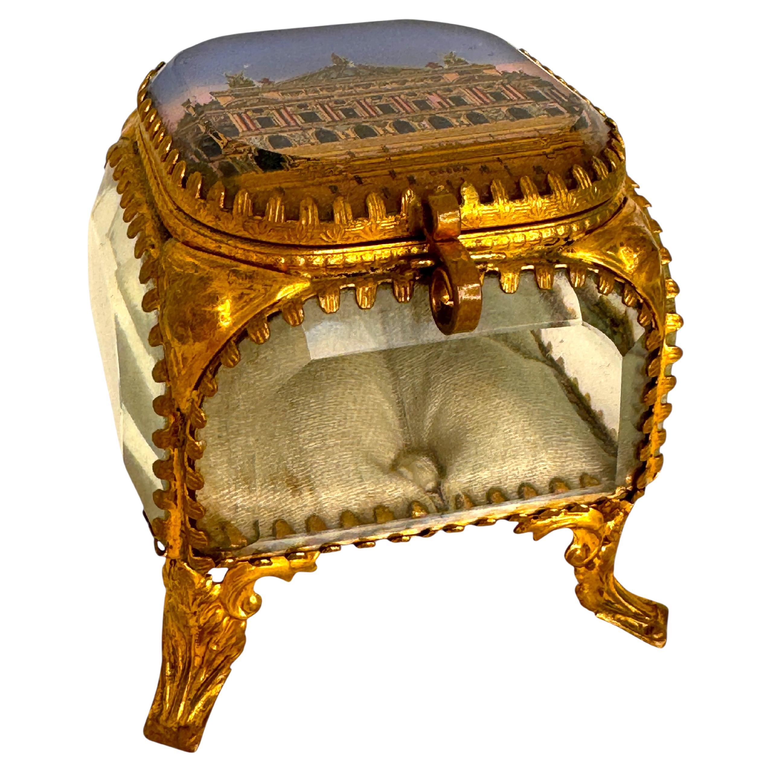 Antique French Grand Tour Souvenir Casket, Beveled Glass & Eglomise of Opera