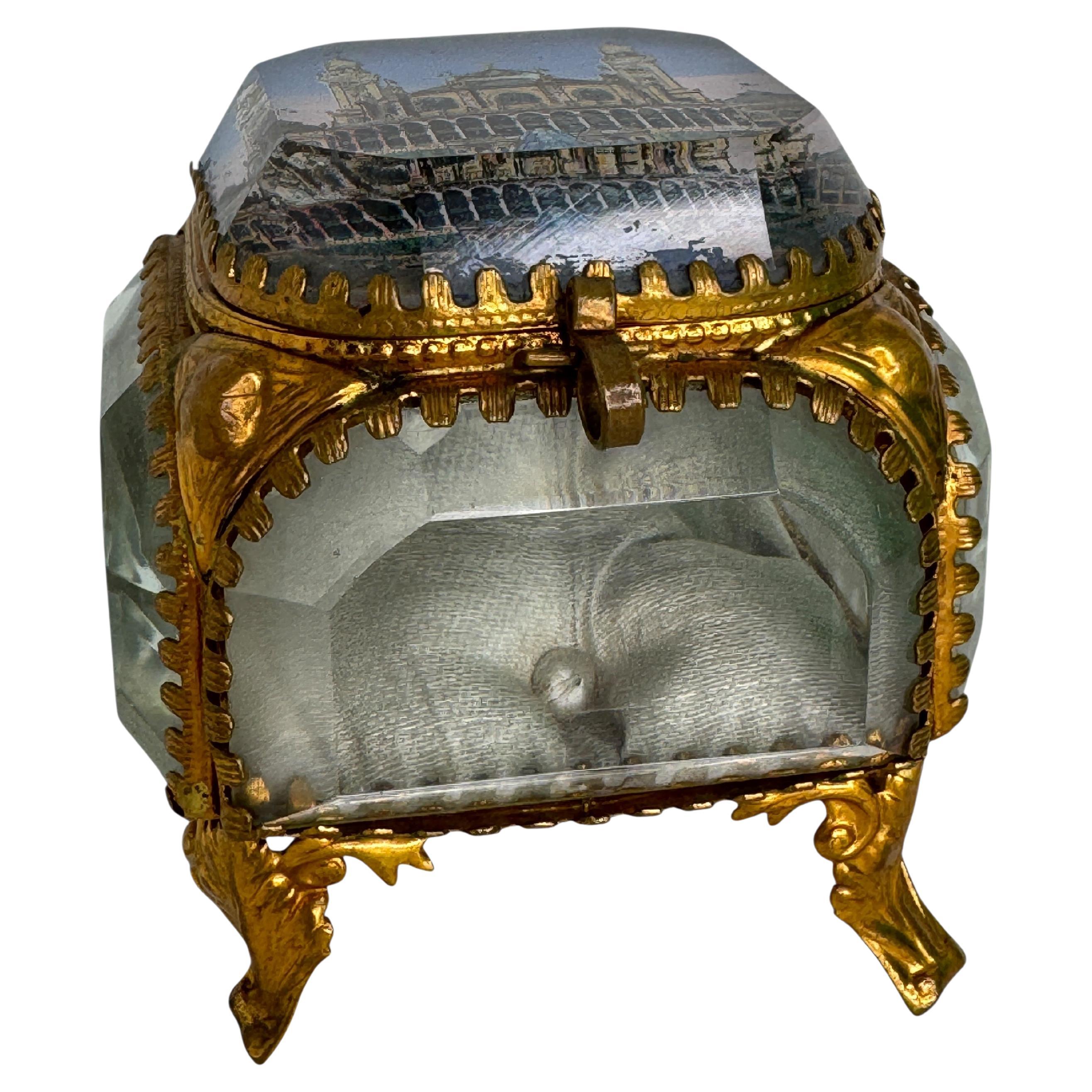 Antique French Grand Tour Souvenir Casket, Beveled Glass & Eglomise of Trocadero