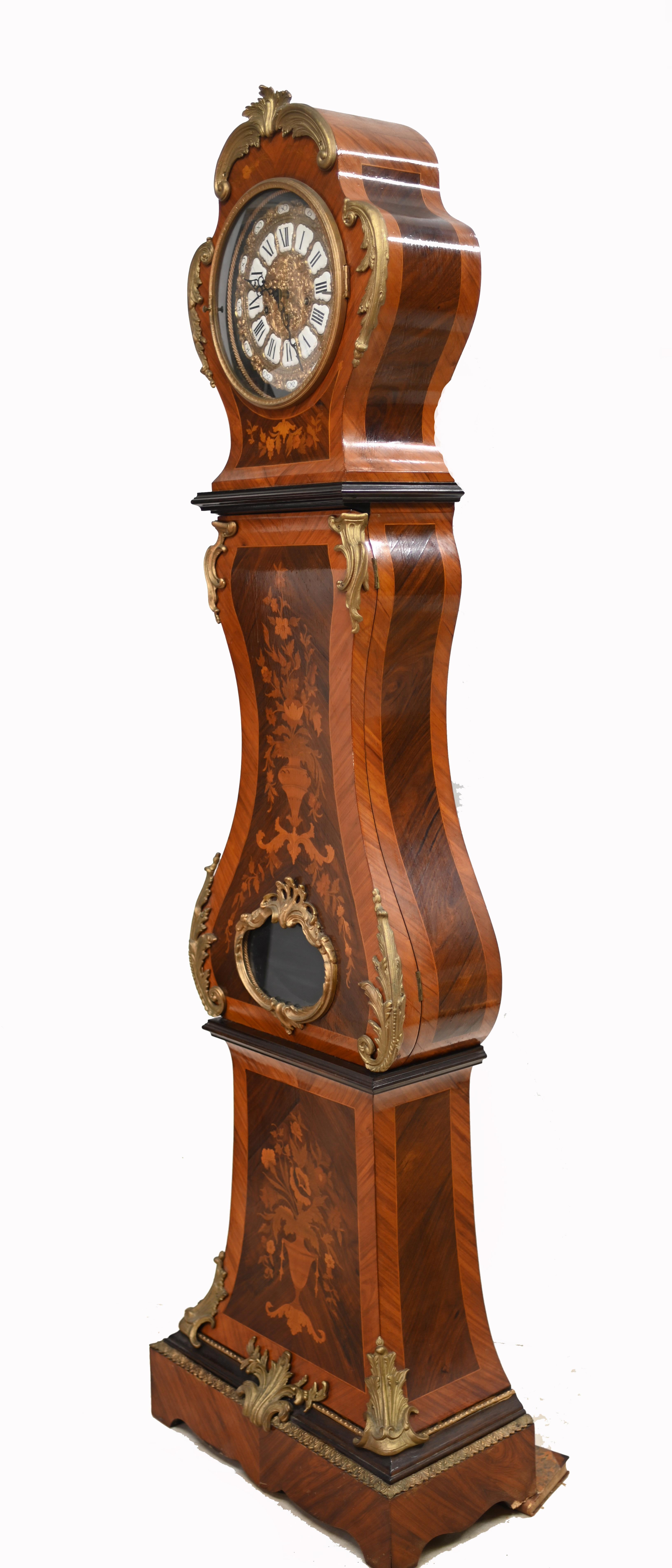 Antique French Grandfather Clock Floral Inlay 1930 1
