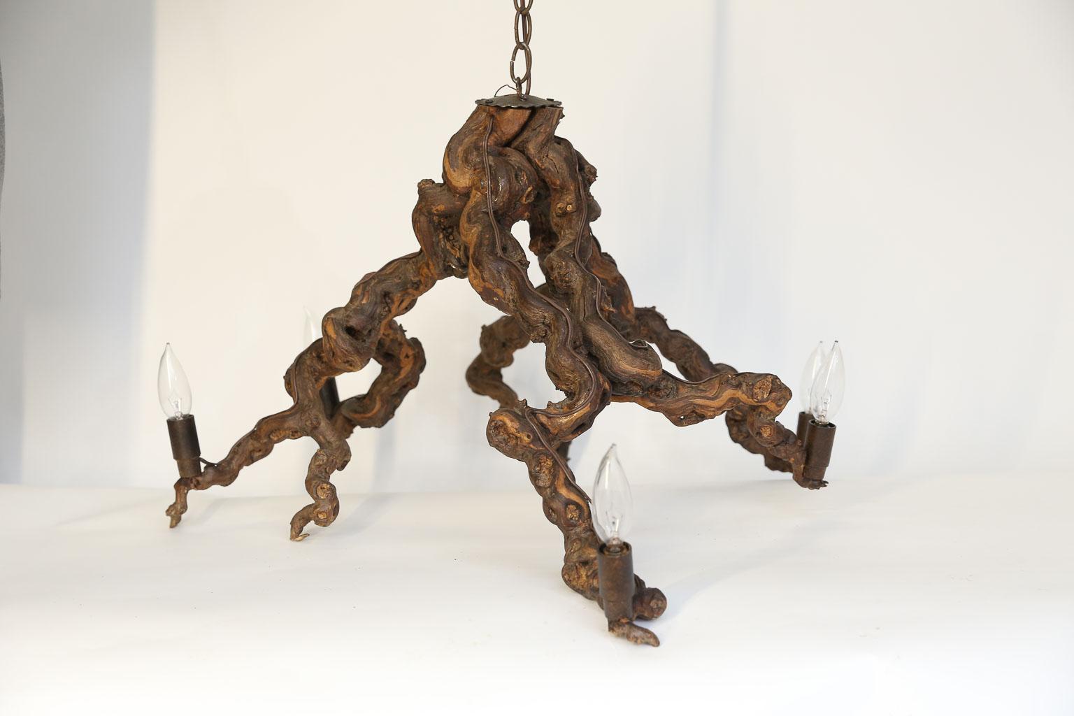 Found in France, this beautiful grapevine chandelier was hand made in the vineyards of the South of France. The six light chandelier has been recently rewired for United States installation. Original to the piece is a hand carved four inch vine