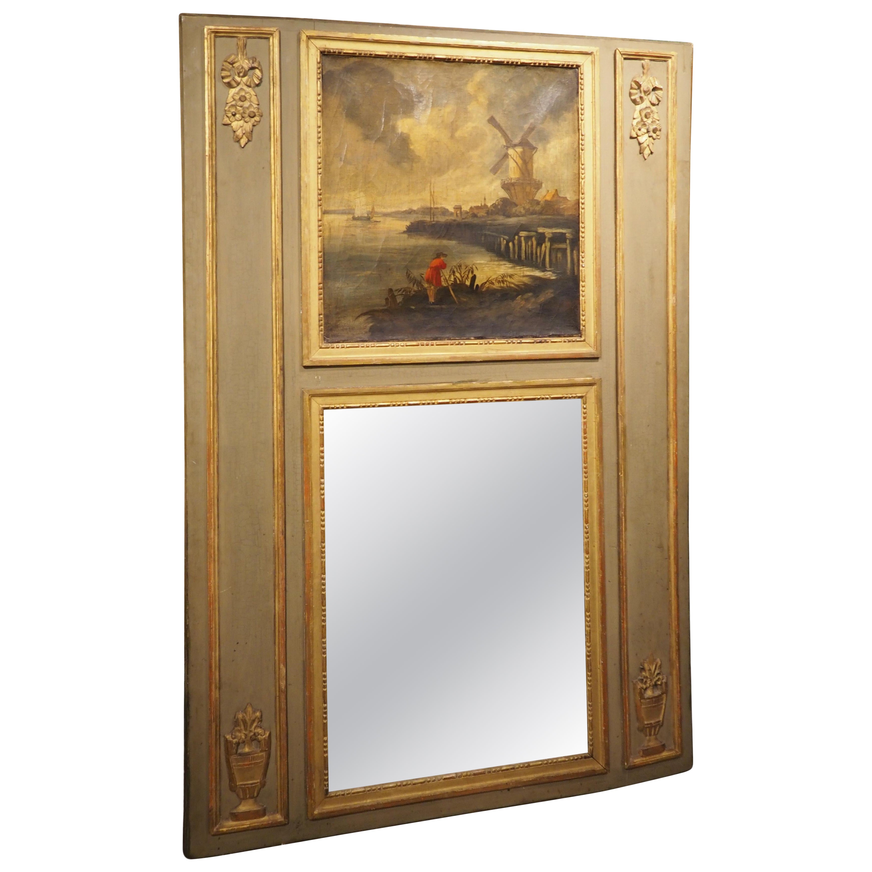 Antique French Gray Painted and Giltwood Louis XVI Style Trumeau Mirror, C. 1880 im Angebot