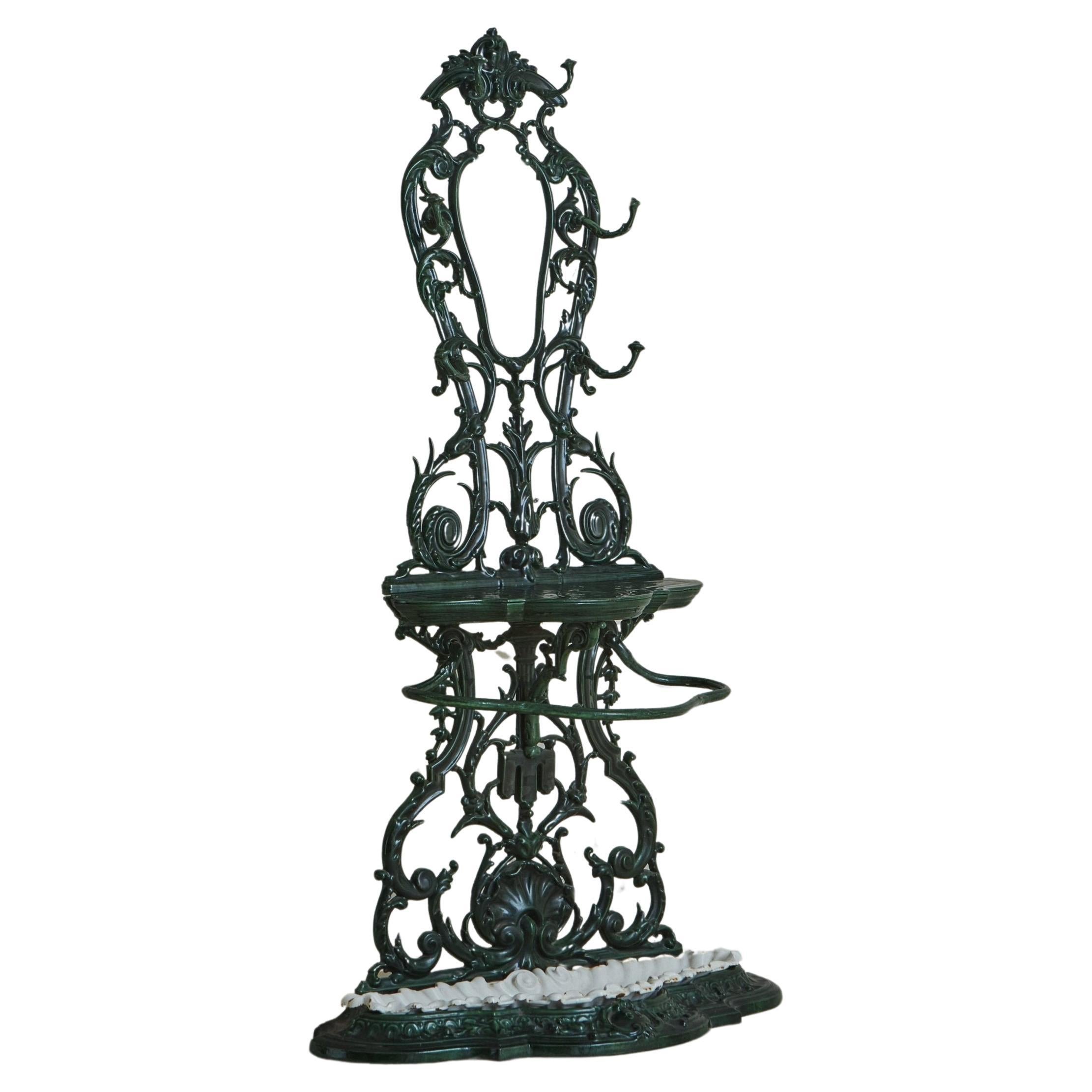 Antique French Green Cast Iron Hallway Tree Coat Rack For Sale