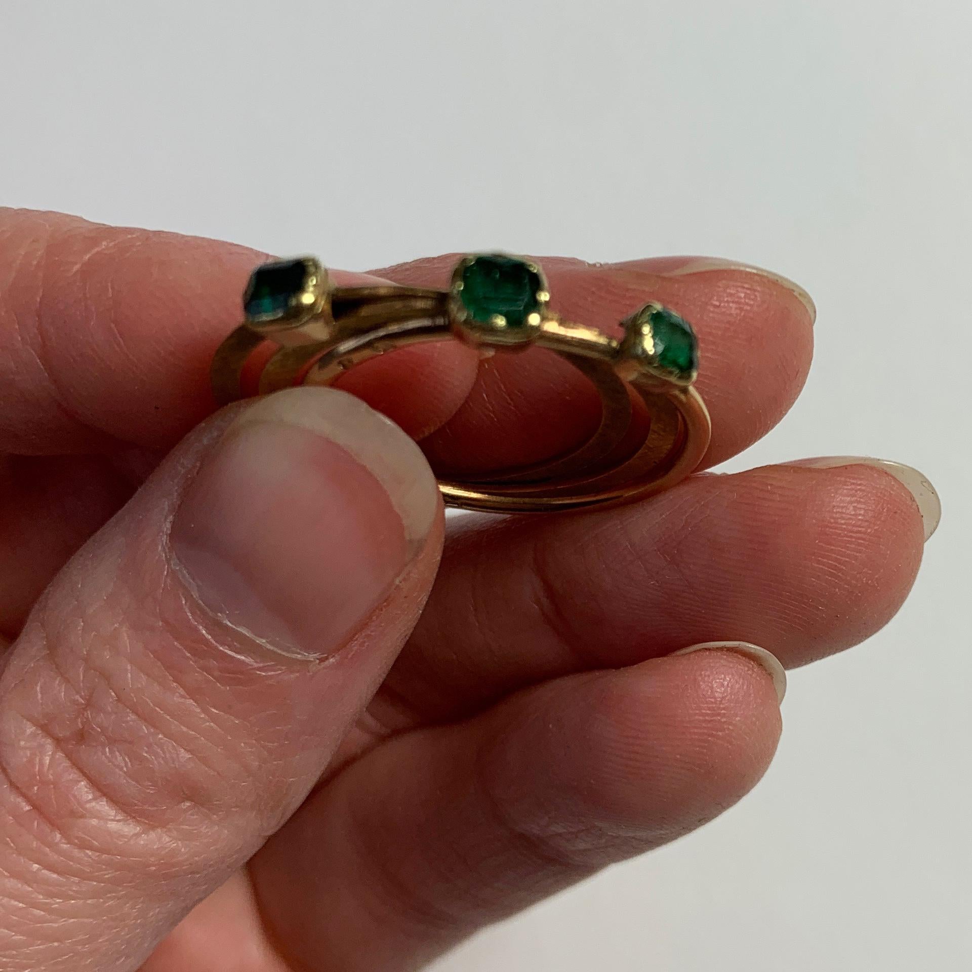 Antique French Green Emerald Yellow Gold Trinity Gimmel Fede Ring 11