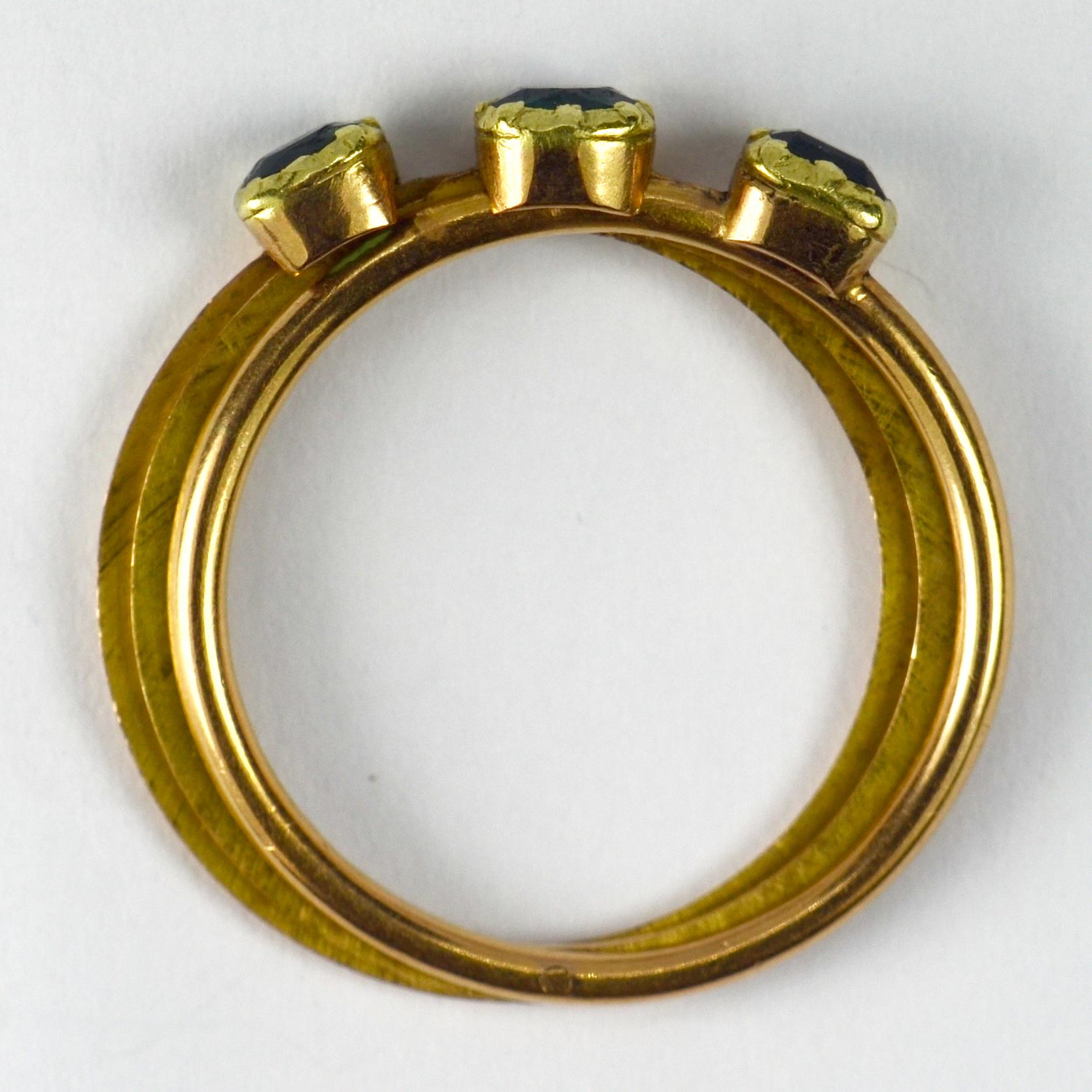 Emerald Cut Antique French Green Emerald Yellow Gold Trinity Gimmel Fede Ring