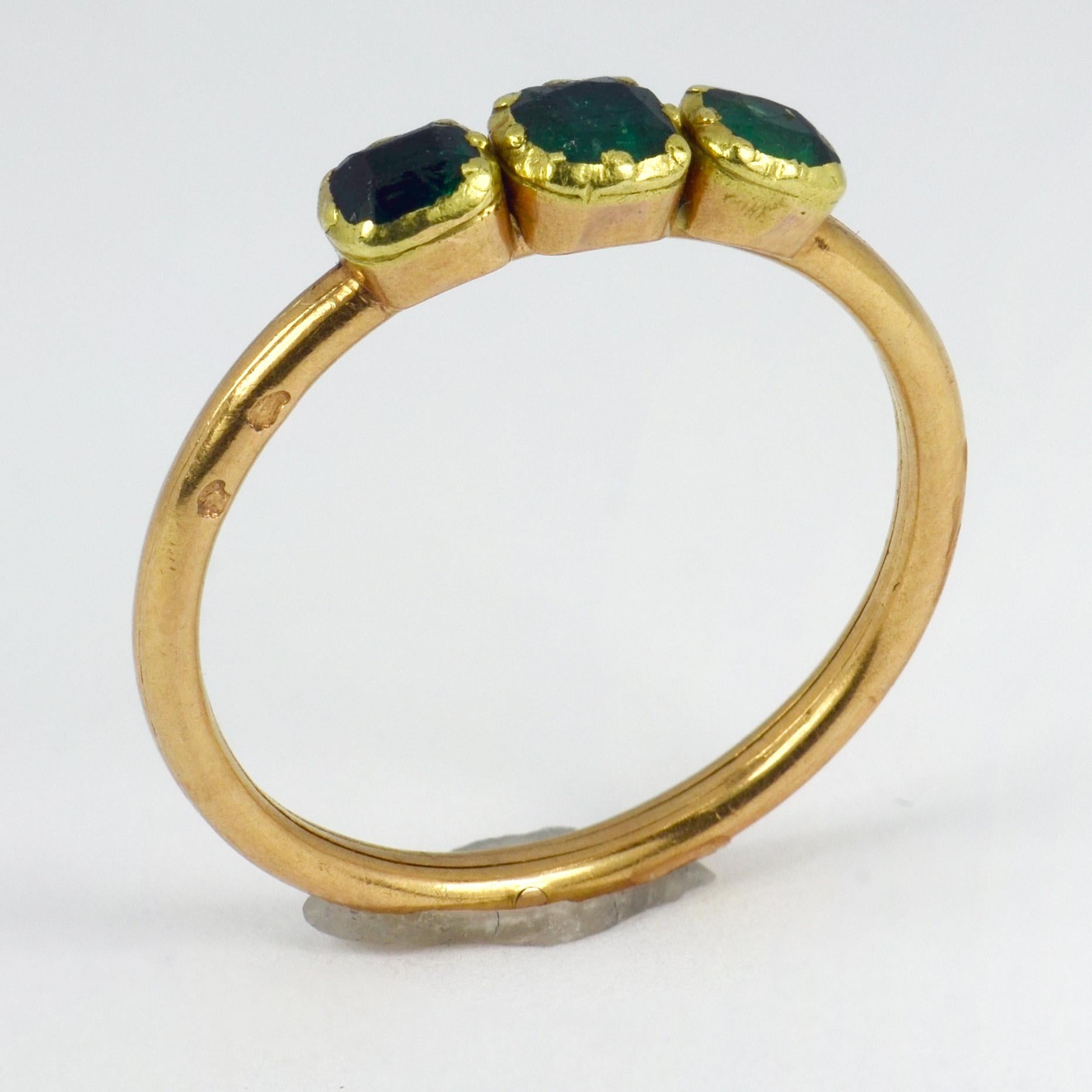 Antique French Green Emerald Yellow Gold Trinity Gimmel Fede Ring 1
