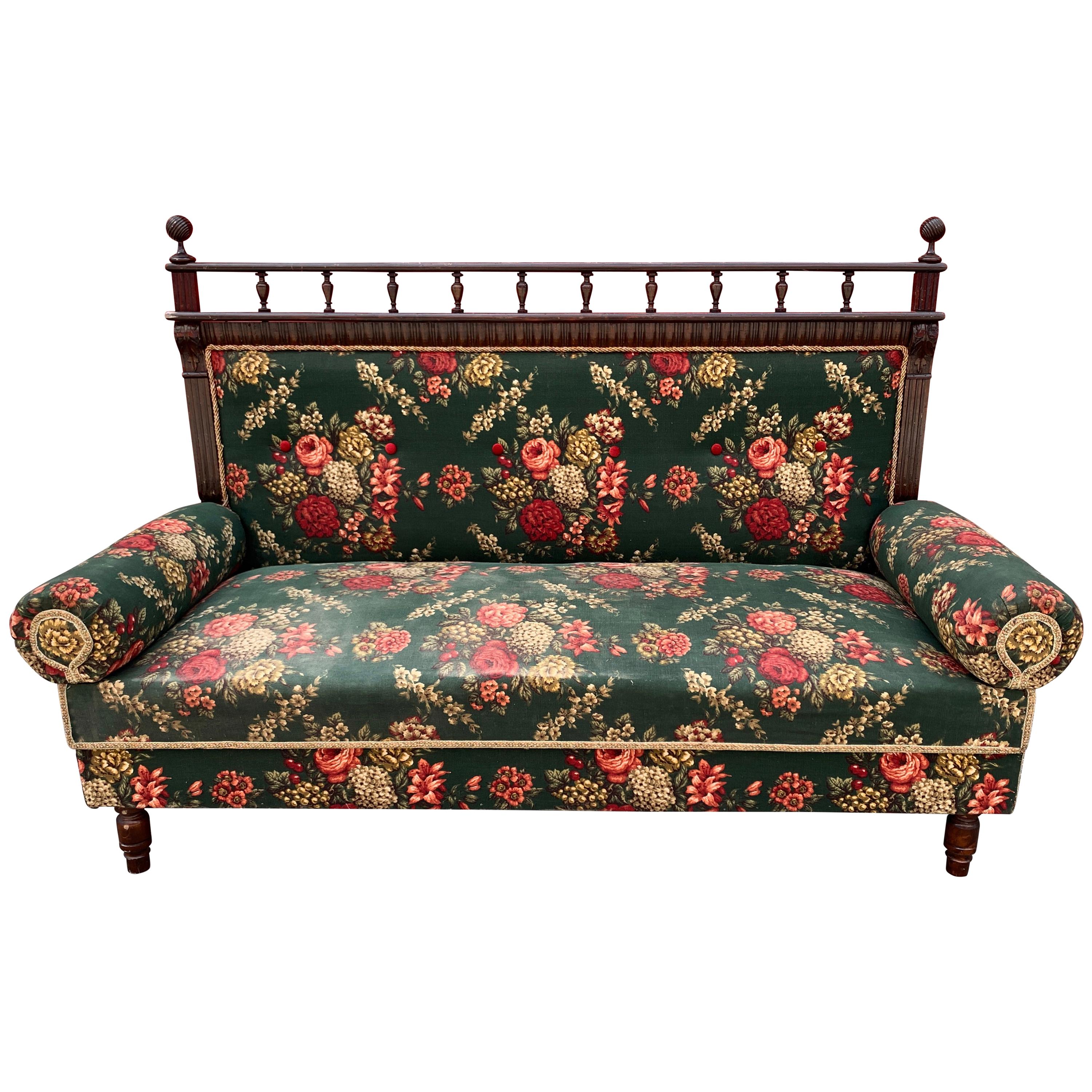 Antique French Green Floral Settee For Sale