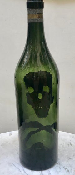 Antique French Green Glass Skull and Crossbones Poison Bottle