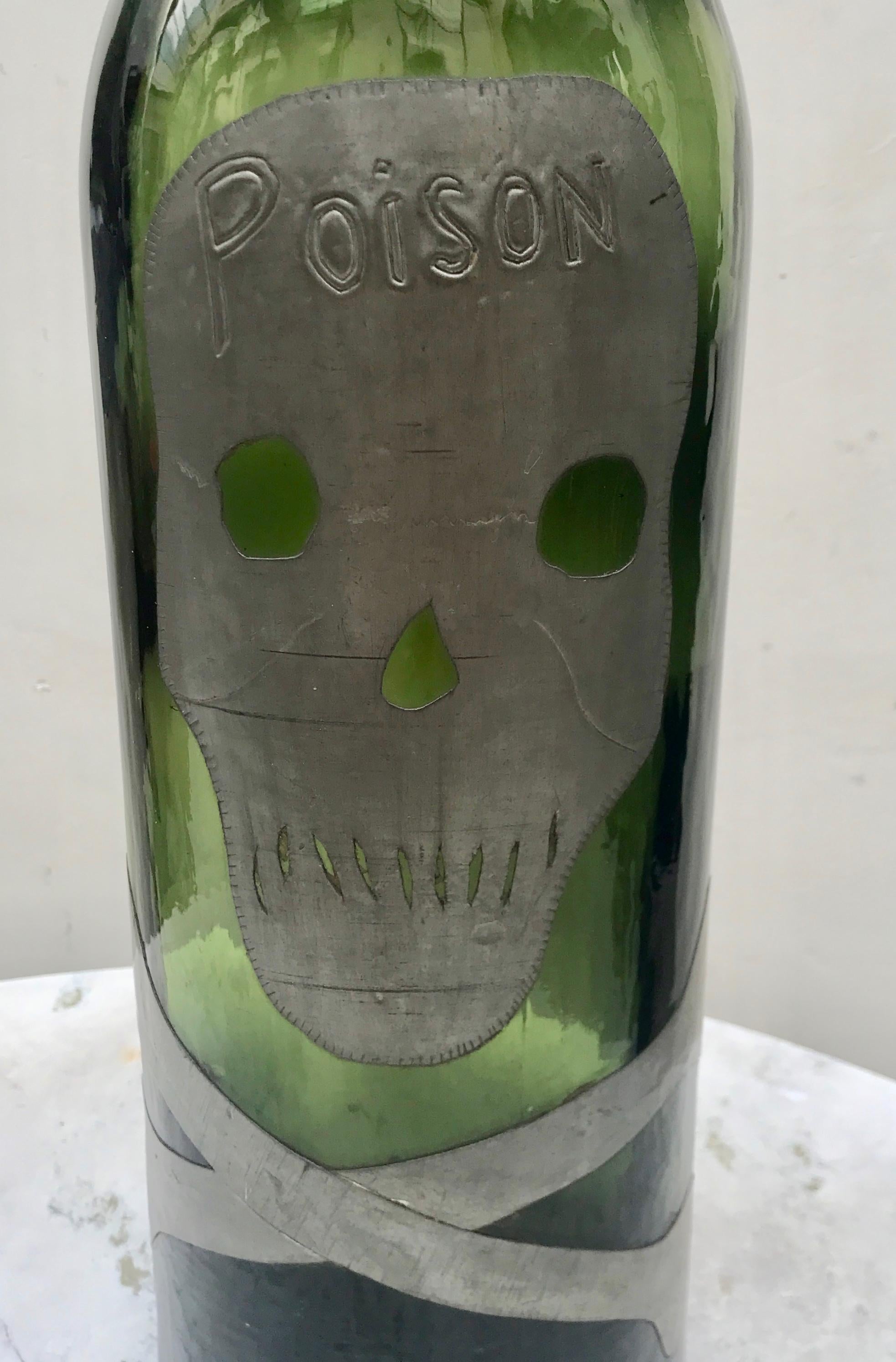 Belle Époque Antique French Green Glass Skull and Crossbones Poison Bottle For Sale