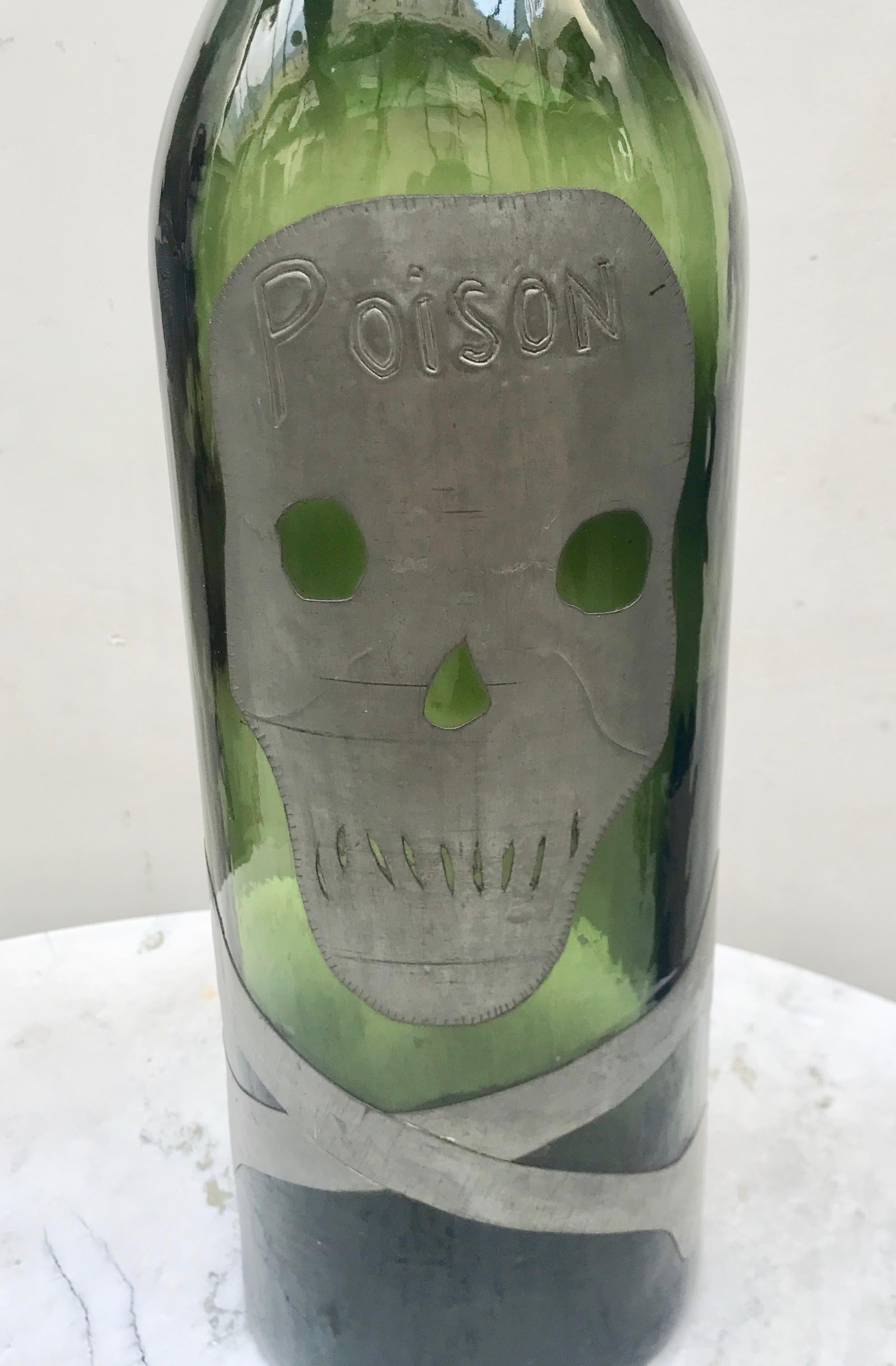 20th Century Antique French Green Glass Skull and Crossbones Poison Bottle For Sale