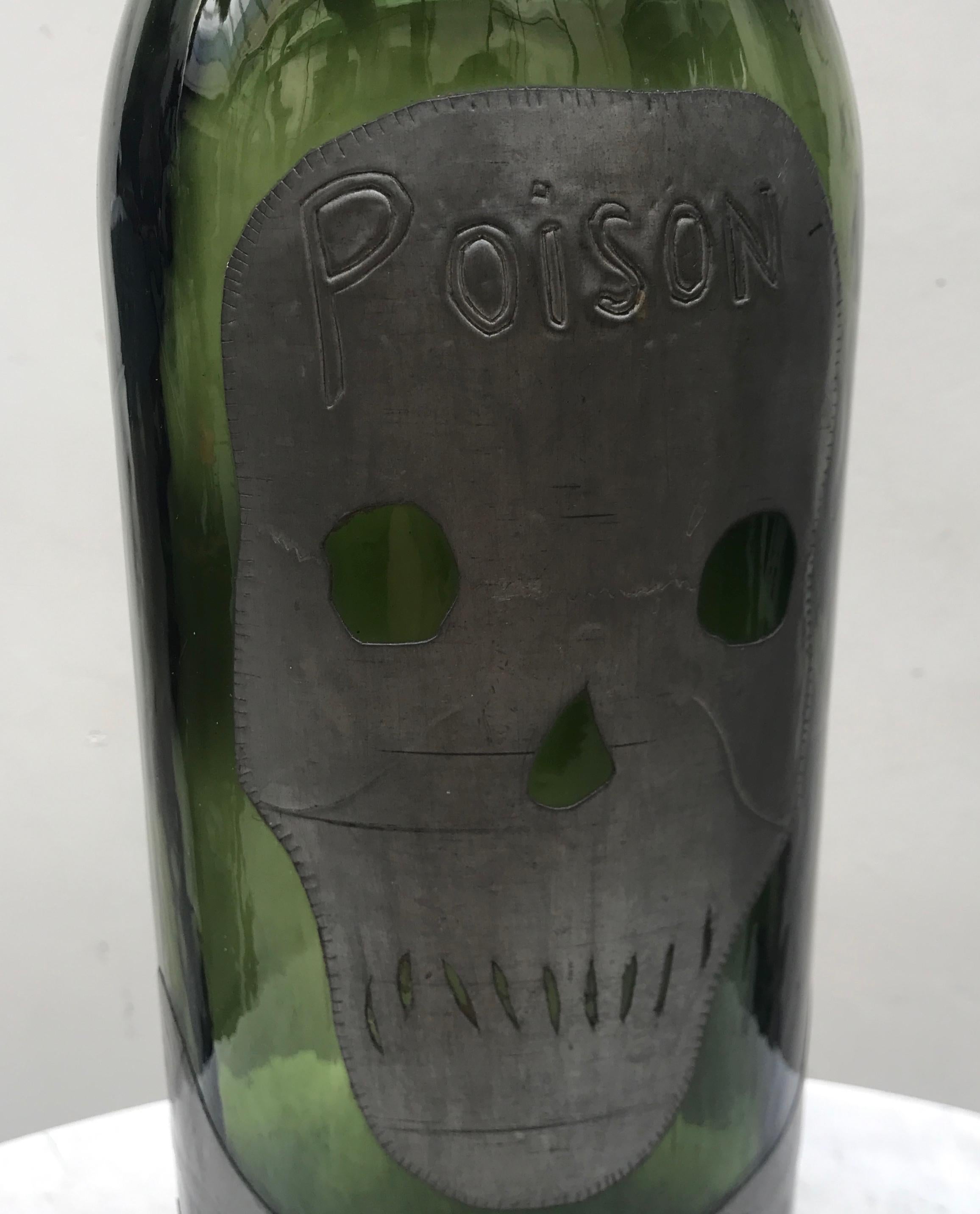 Antique French Green Glass Skull and Crossbones Poison Bottle For Sale 1