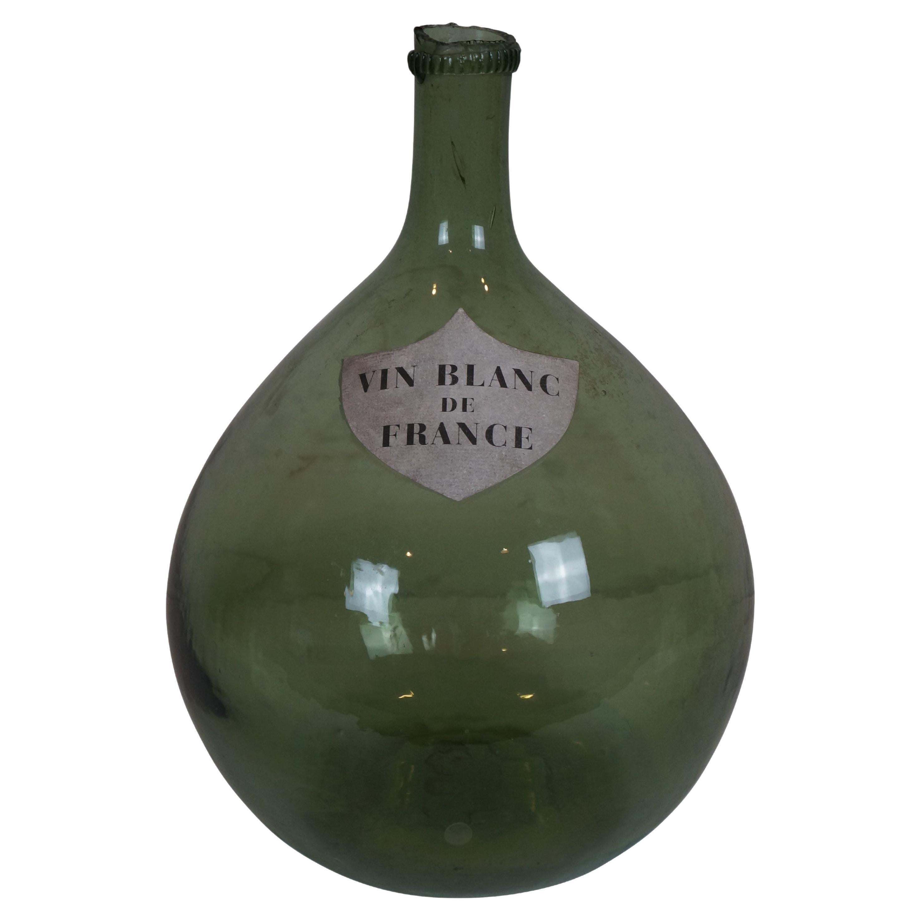 Antique French Green Glass Vin Blanc France Demijohn Wine Bottle Carboy Jug 13" For Sale
