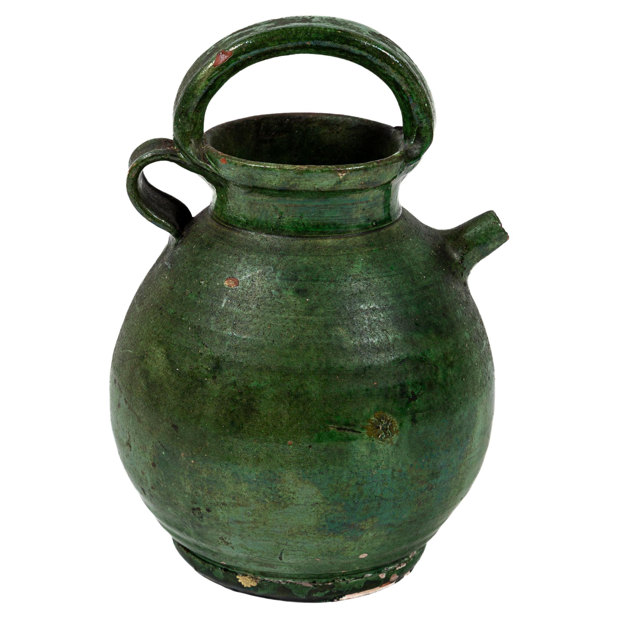 Antique French Green Glaze Terracotta Water Pitcher, Provence, Frankreich, ca. 1900