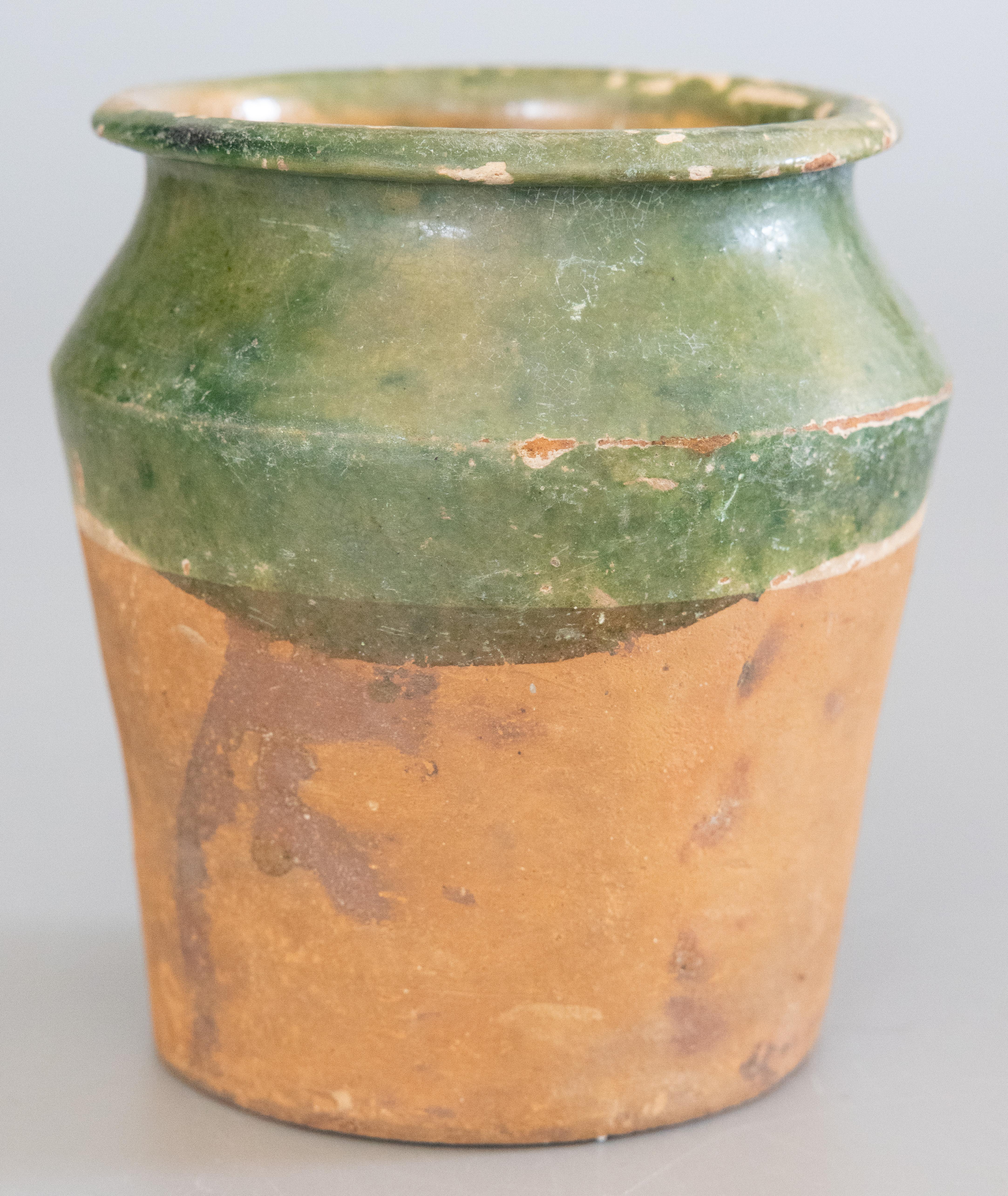 Antique French Green Glazed Confit Pot Crock Vase In Good Condition In Pearland, TX