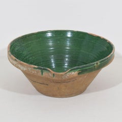 Antique bol à lait / Tian en terre cuite vernissée verte, Provence, c.1850