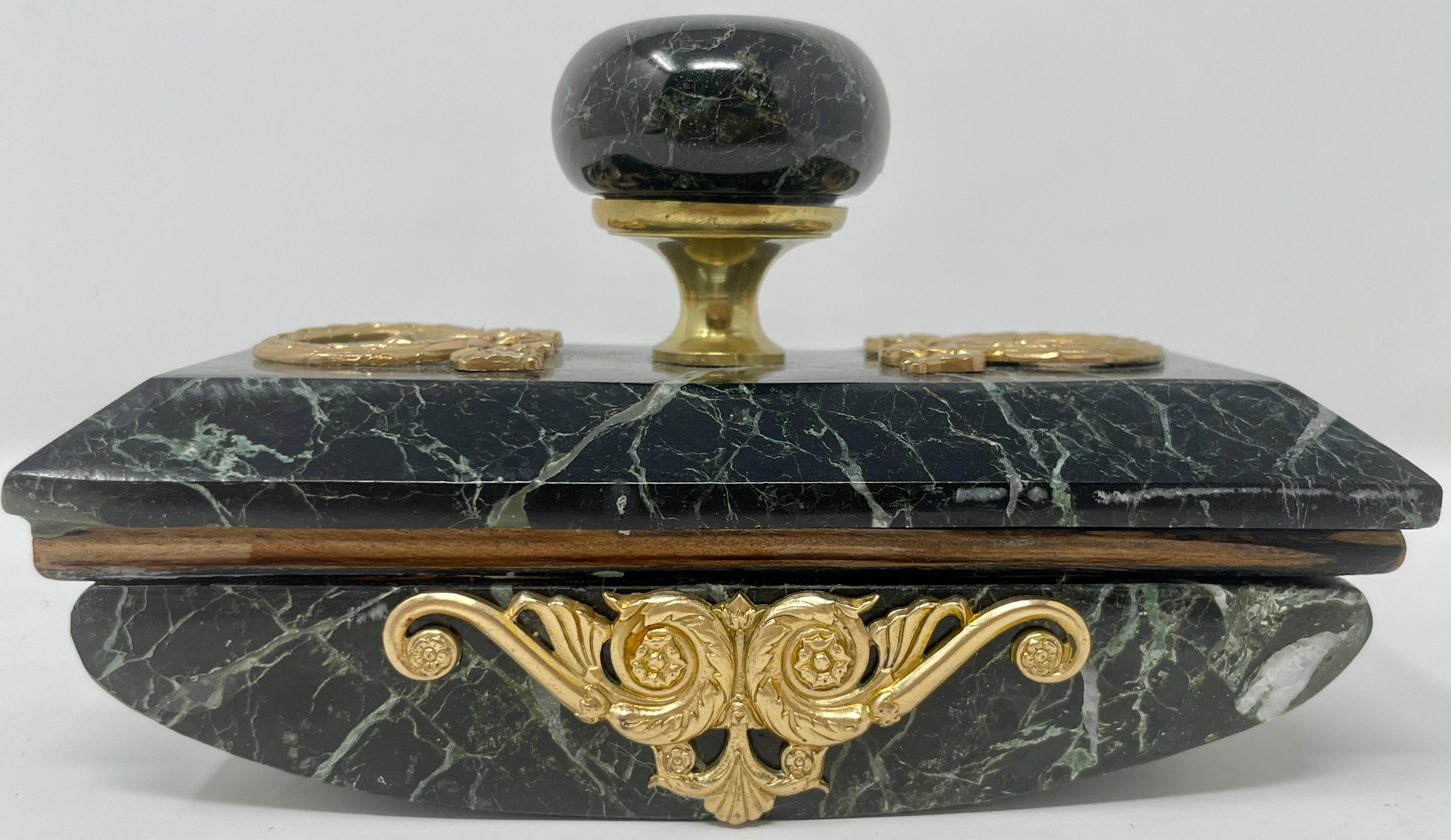 Antique French Green Marble & Gold Bronze 4 Piece Inkwell Desk Set Circa 1875-85 For Sale 4
