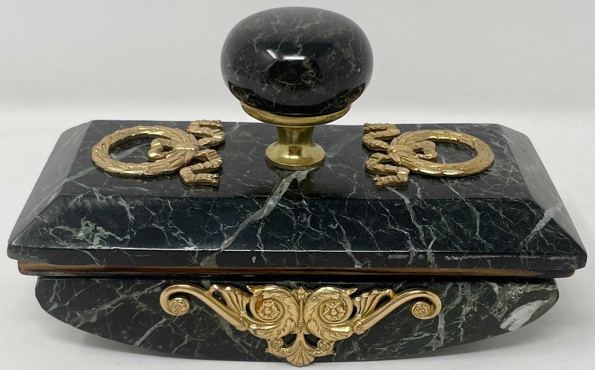Antique French Green Marble & Gold Bronze 4 Piece Inkwell Desk Set Circa 1875-85 For Sale 5