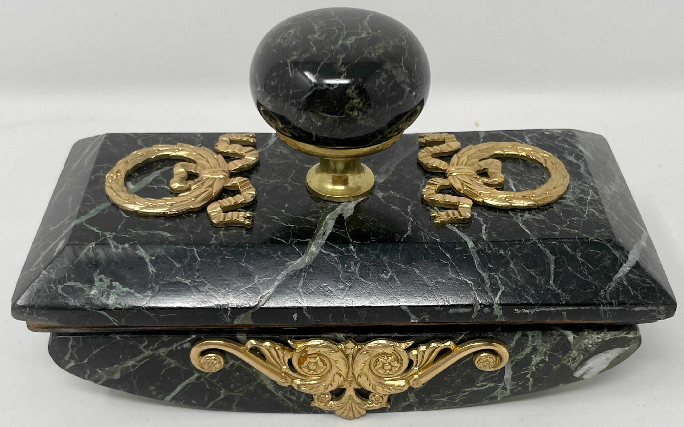 Antique French Green Marble & Gold Bronze 4 Piece Inkwell Desk Set Circa 1875-85 For Sale 6