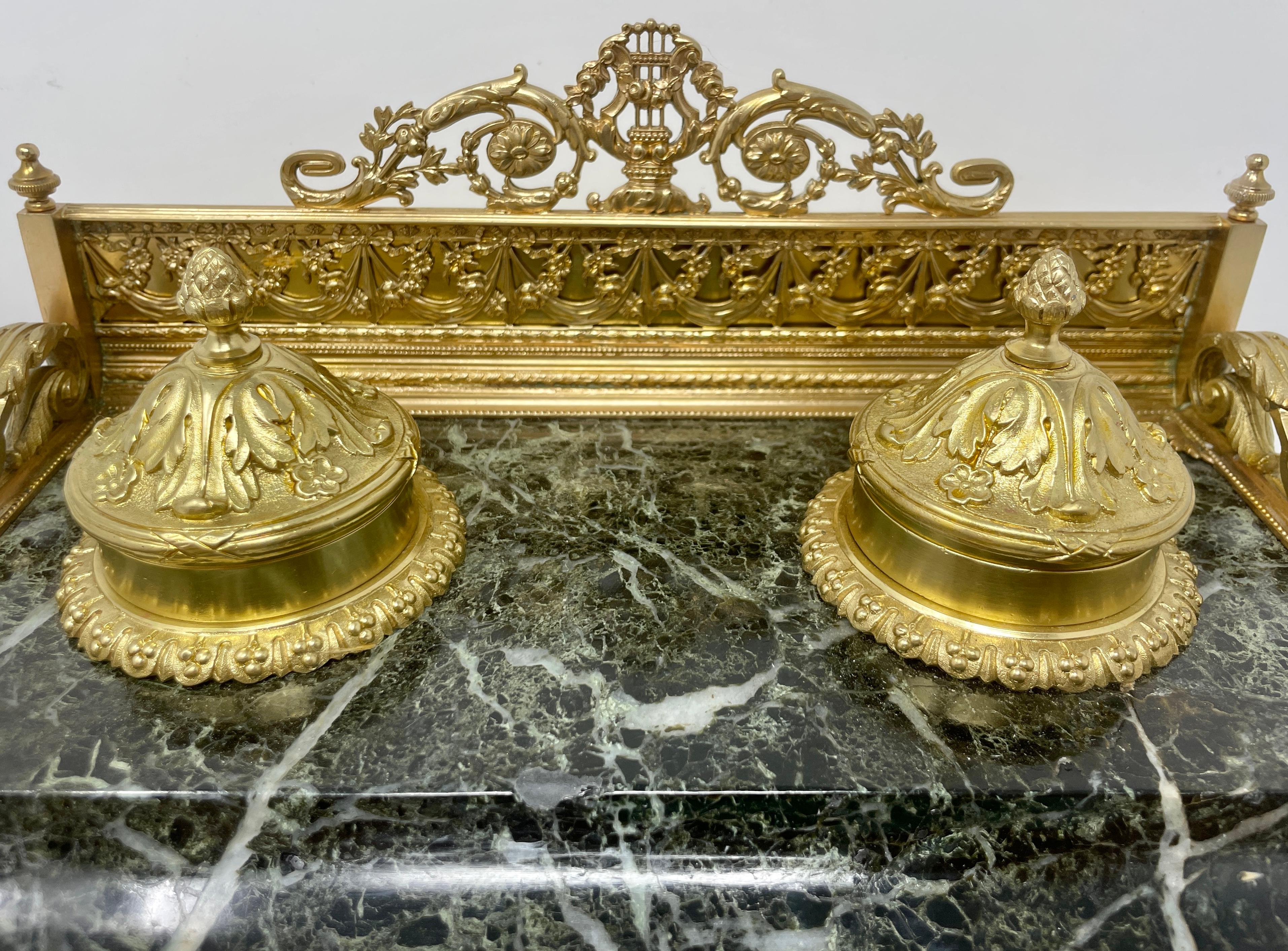 Antique French Green Marble & Gold Bronze 4 Piece Inkwell Desk Set Circa 1875-85 In Good Condition For Sale In New Orleans, LA