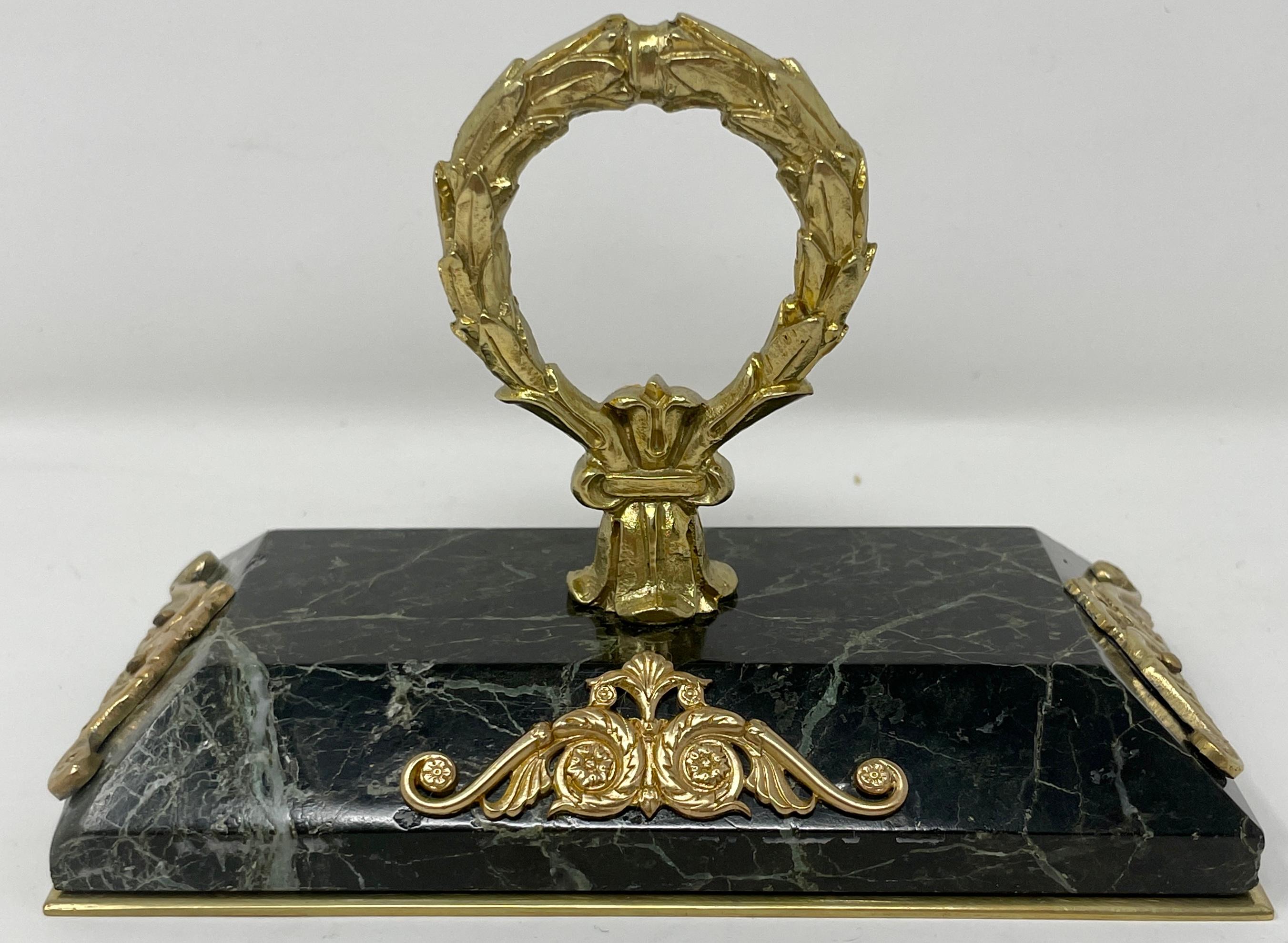 Antique French Green Marble & Gold Bronze 4 Piece Inkwell Desk Set Circa 1875-85 For Sale 1