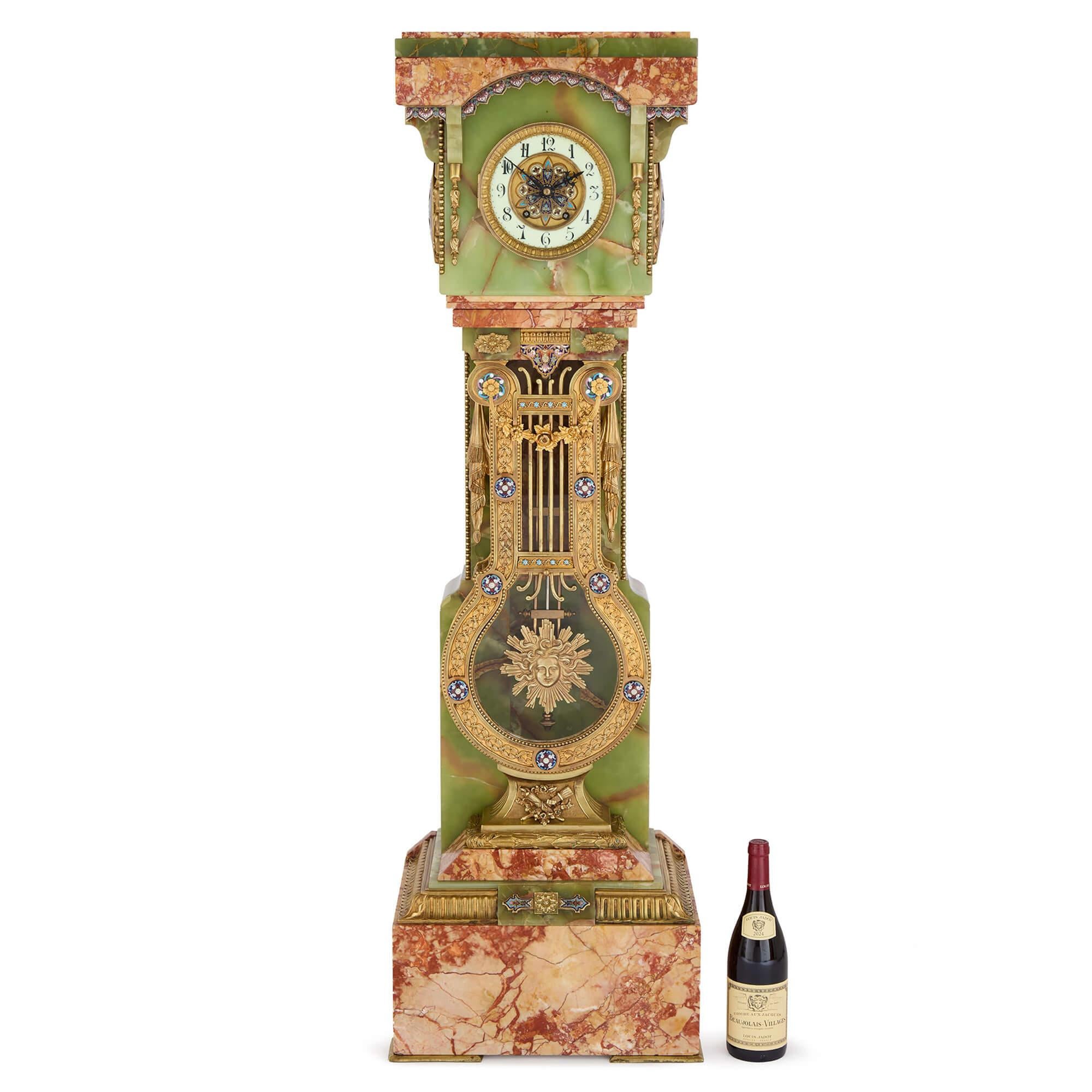 Antique French Green Onyx Champlevé Enamel Marble Ormolu Pedestal Clock For Sale 6