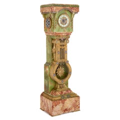 Antique French Green Onyx Champlevé Enamel Marble Ormolu Pedestal Clock