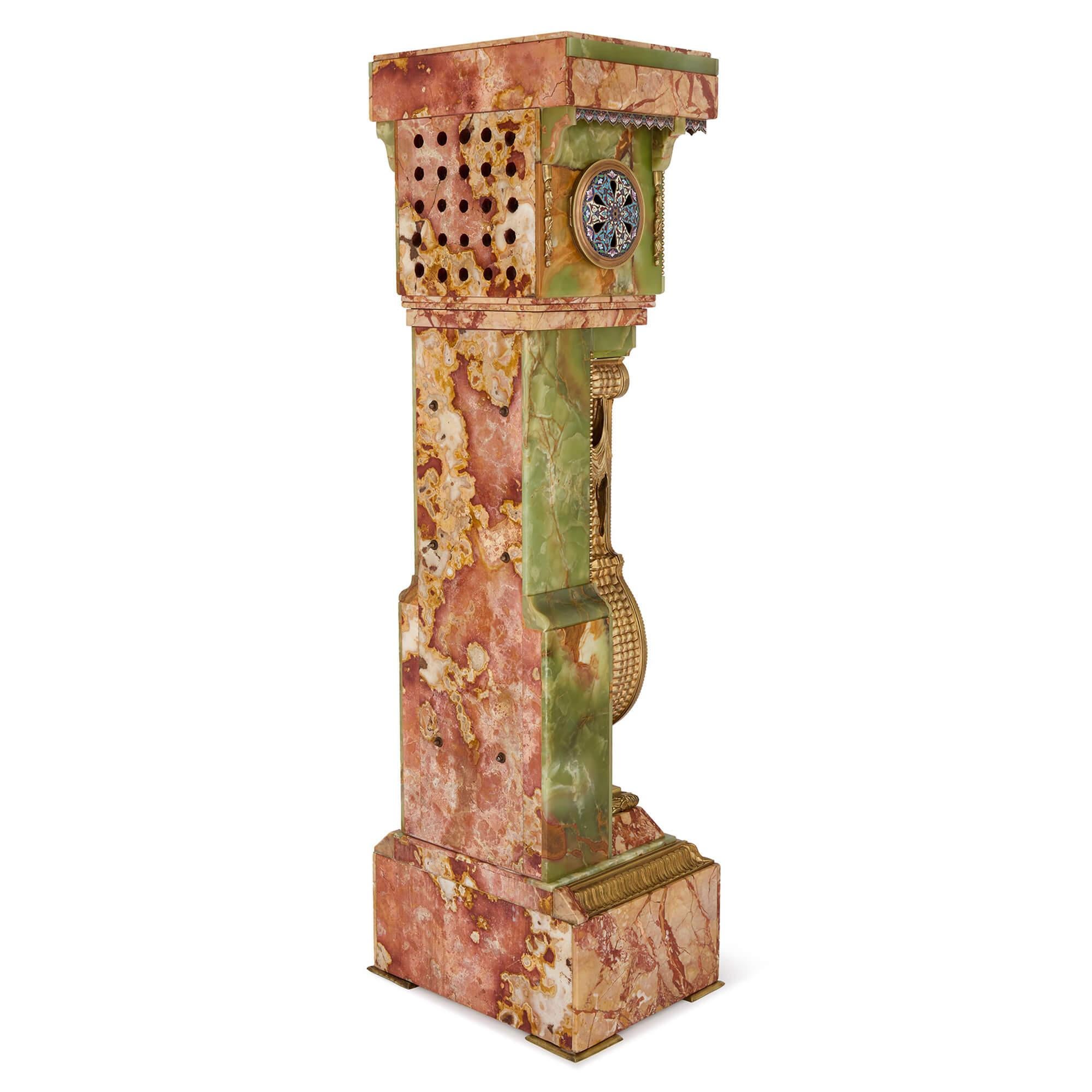 Neoclassical Antique French Green Onyx Champlevé Enamel Marble Ormolu Pedestal Clock For Sale
