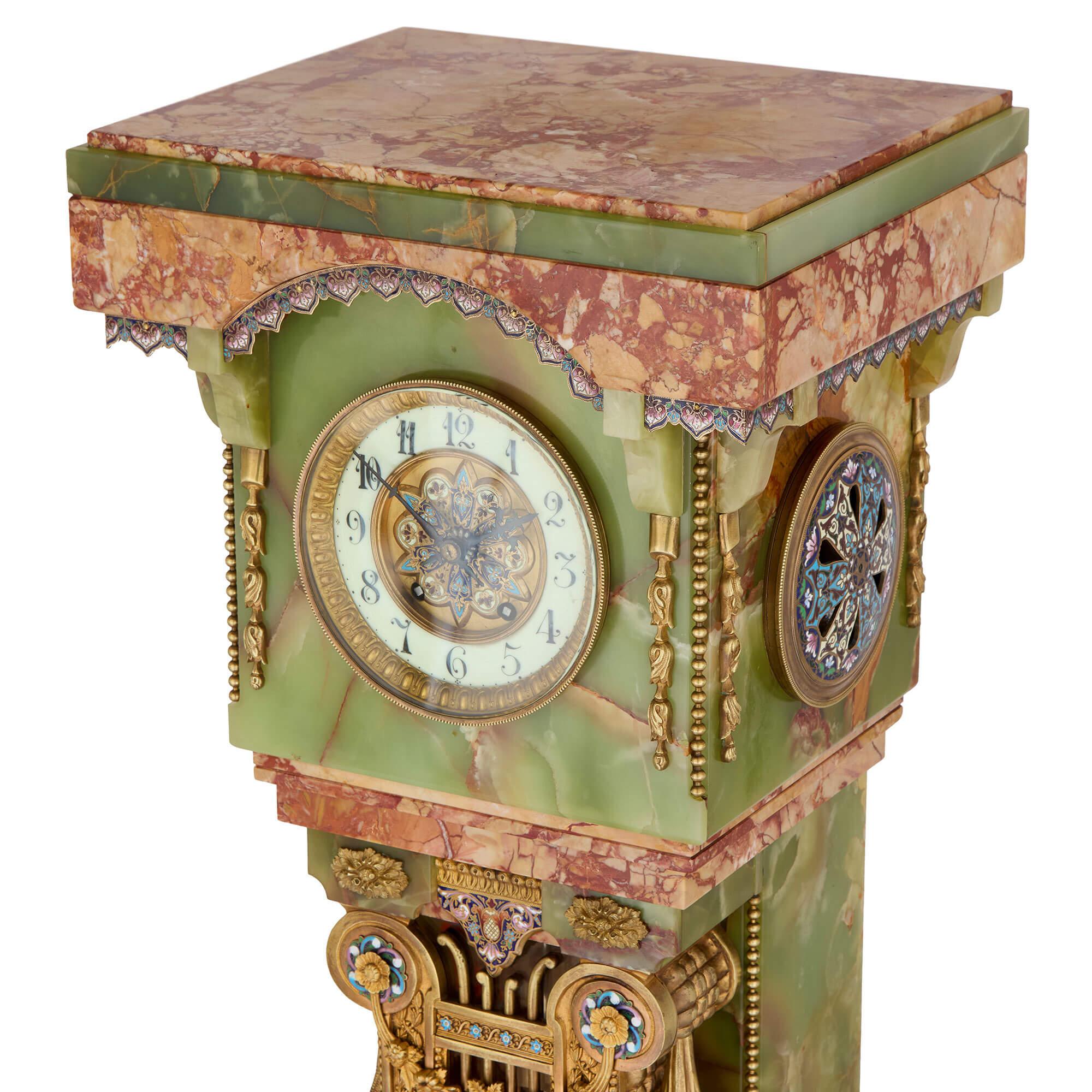 Carved Antique French Green Onyx Champlevé Enamel Marble Ormolu Pedestal Clock For Sale