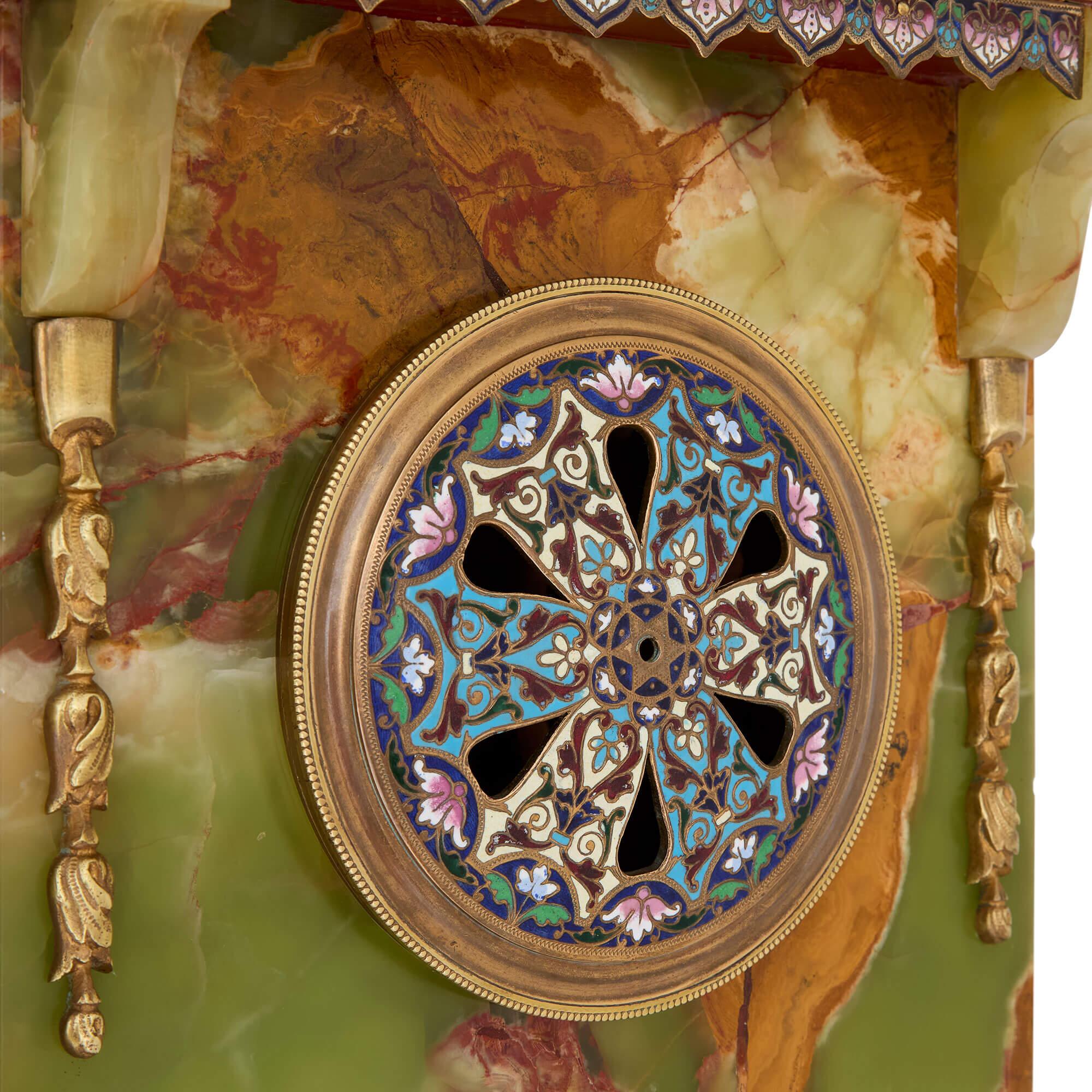 19th Century Antique French Green Onyx Champlevé Enamel Marble Ormolu Pedestal Clock For Sale