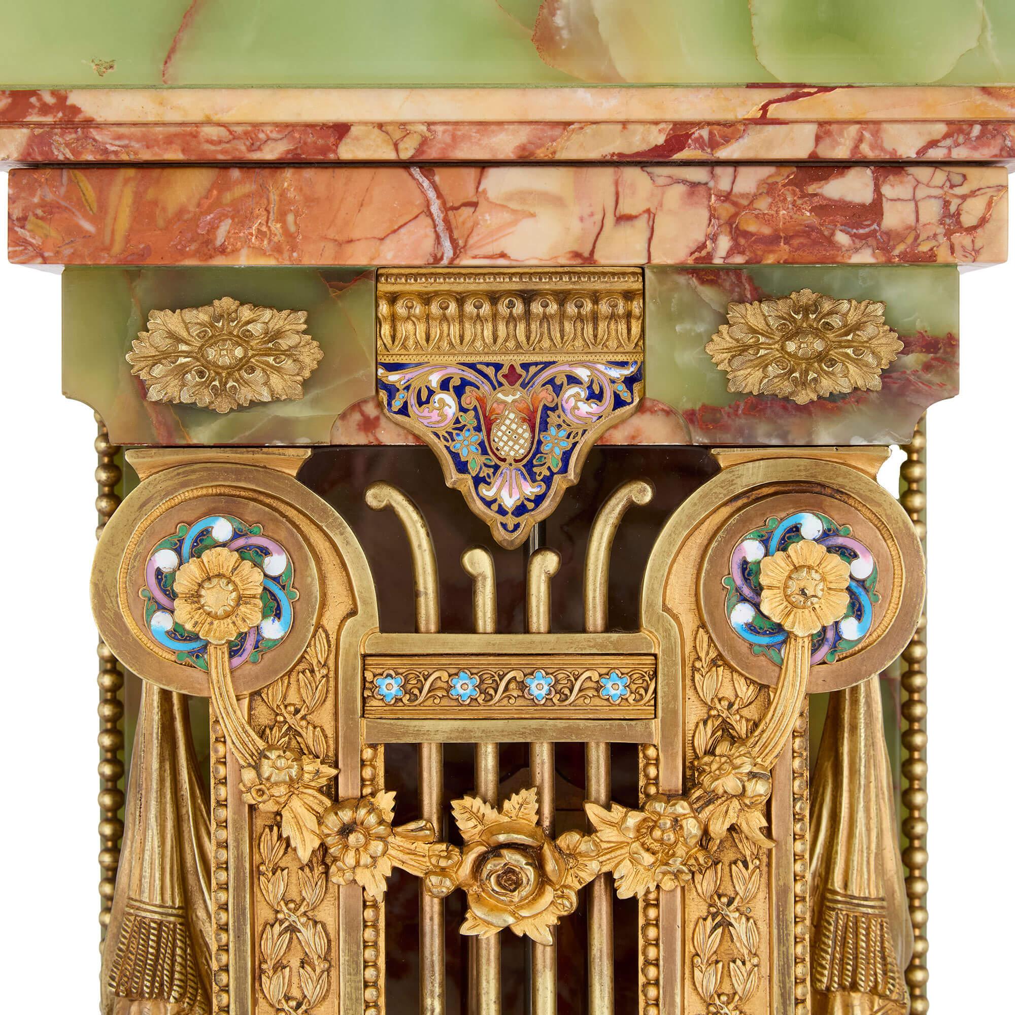 Antique French Green Onyx Champlevé Enamel Marble Ormolu Pedestal Clock For Sale 1