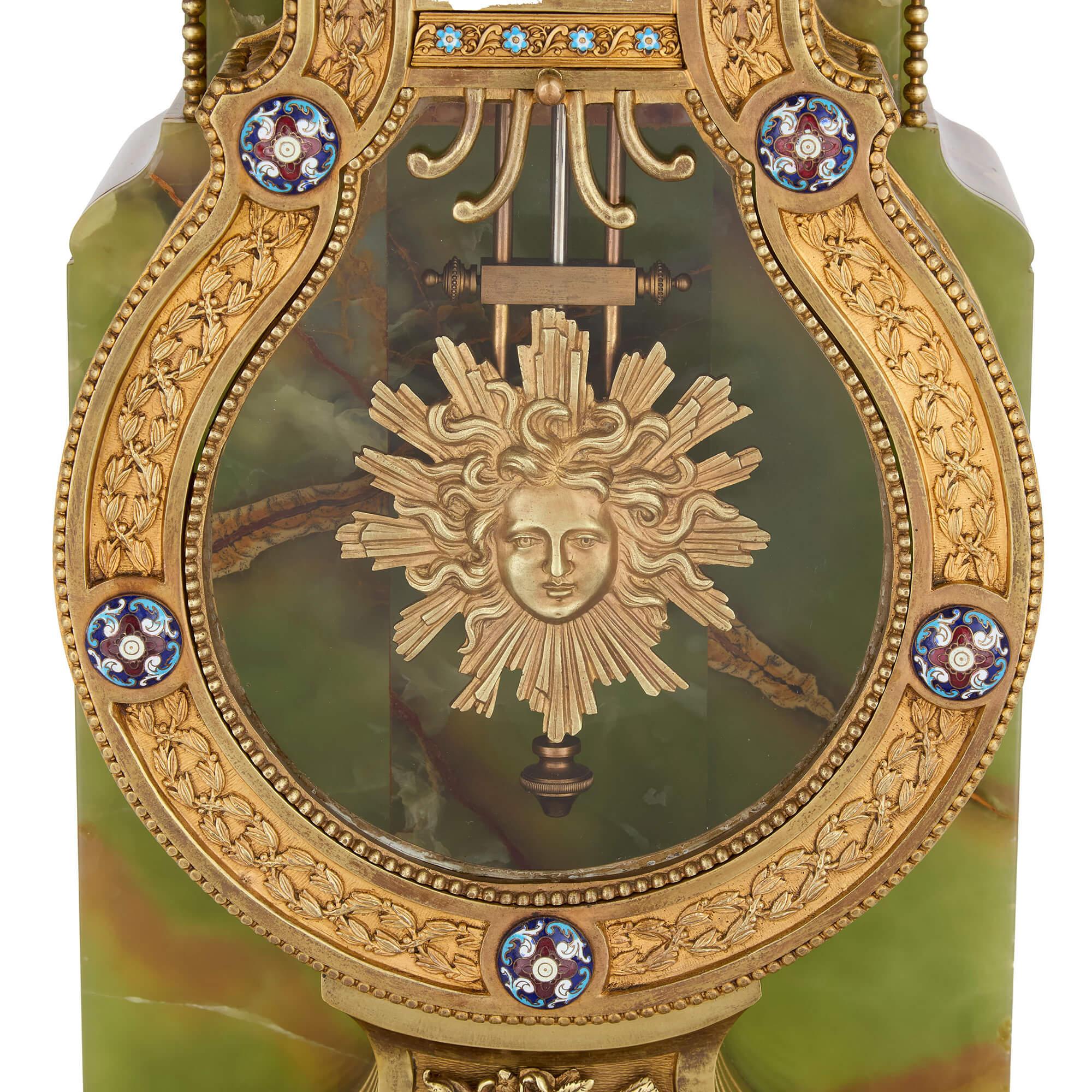 Antique French Green Onyx Champlevé Enamel Marble Ormolu Pedestal Clock For Sale 2