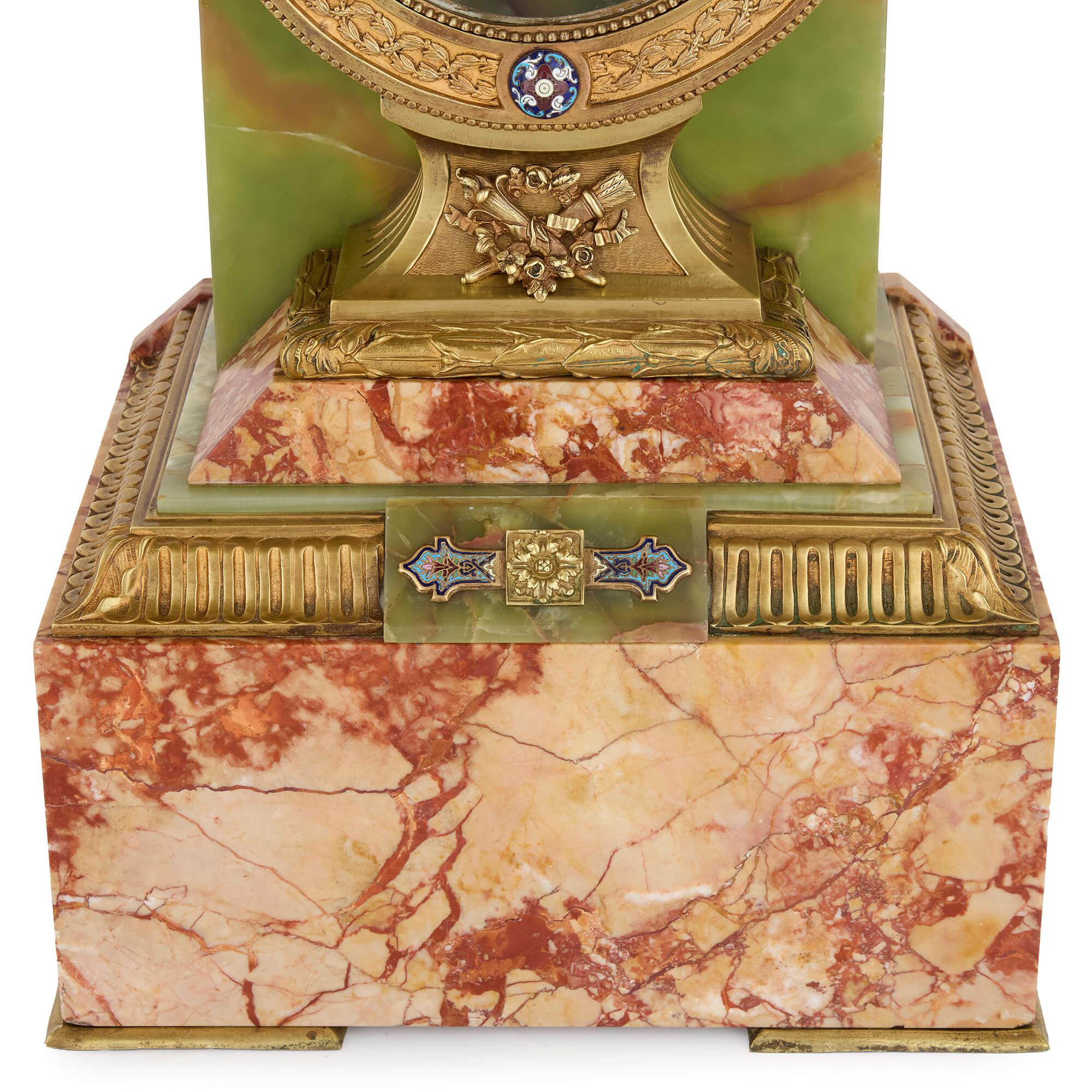 Antique French Green Onyx Champlevé Enamel Marble Ormolu Pedestal Clock For Sale 3