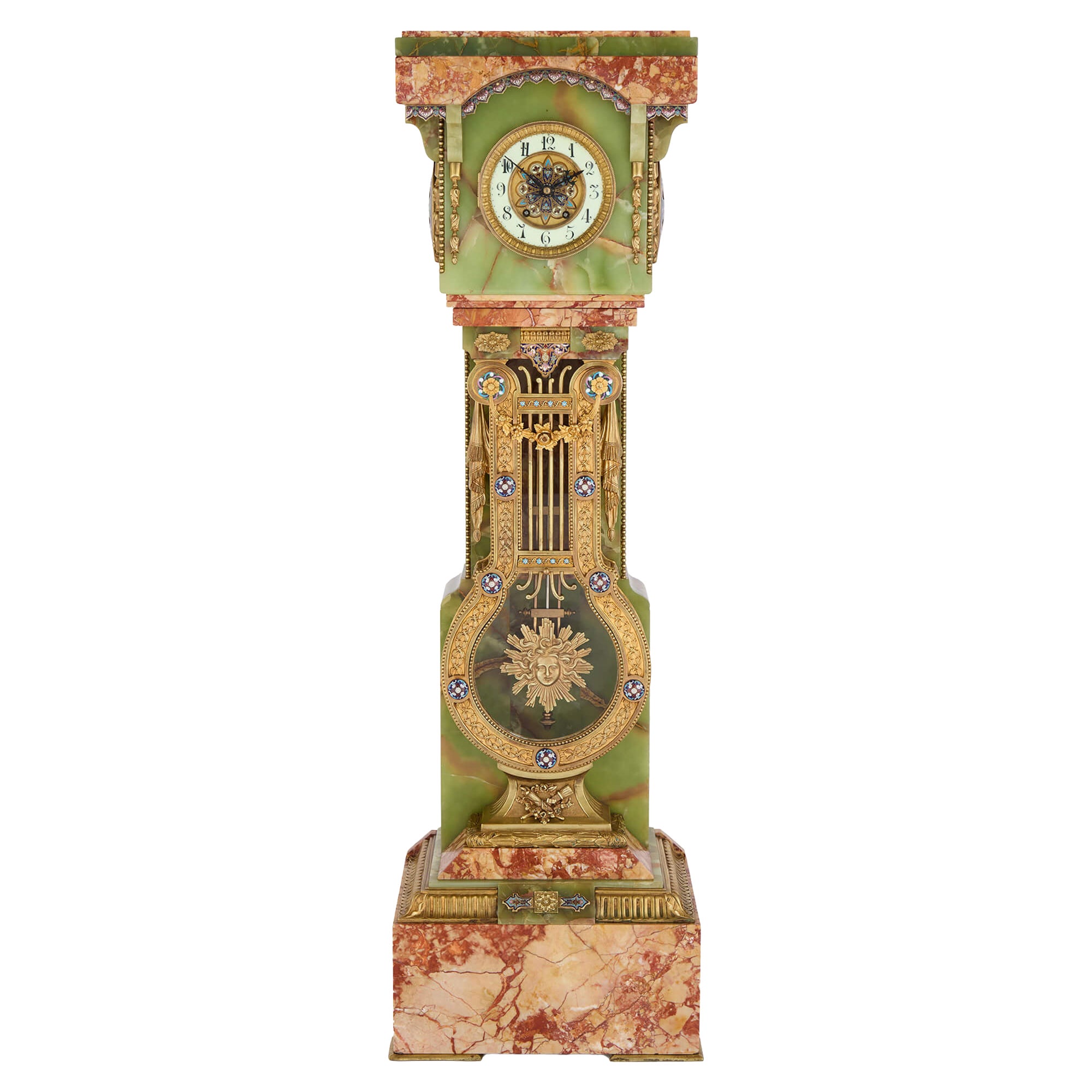 Antique French Green Onyx Champlevé Enamel Marble Ormolu Pedestal Clock For Sale