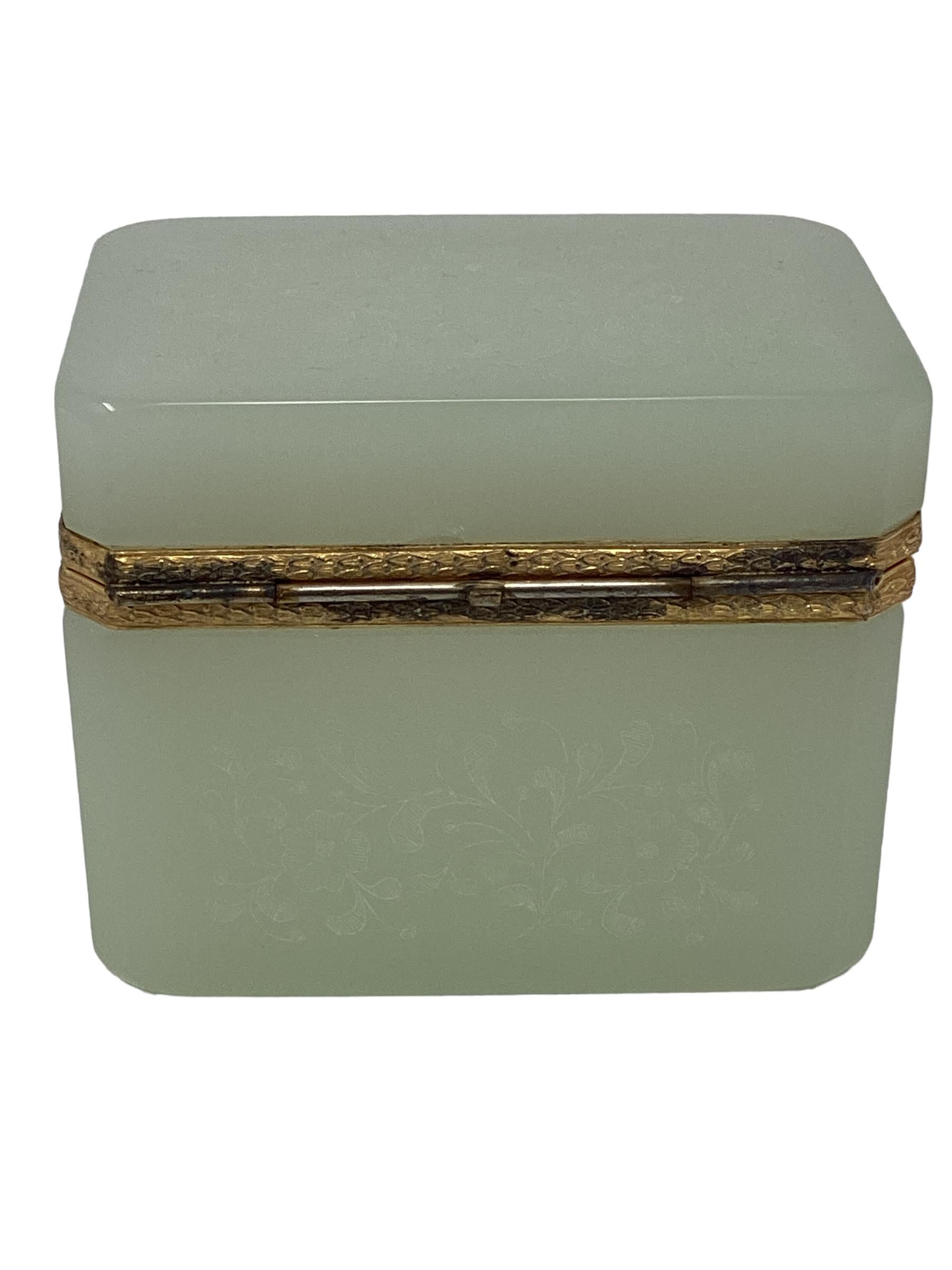 Opaline Glass Antique French Green Opaline Box with Etched Decoration  For Sale