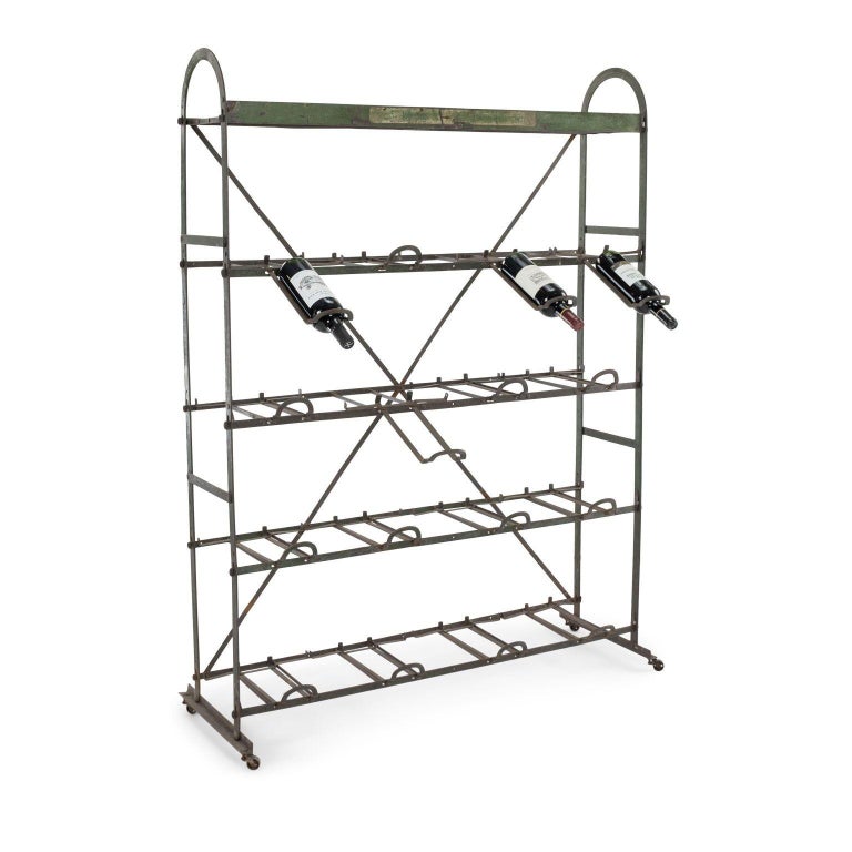 Antique French Green Painted Steel Wine Rack on Casters For Sale at 1stDibs