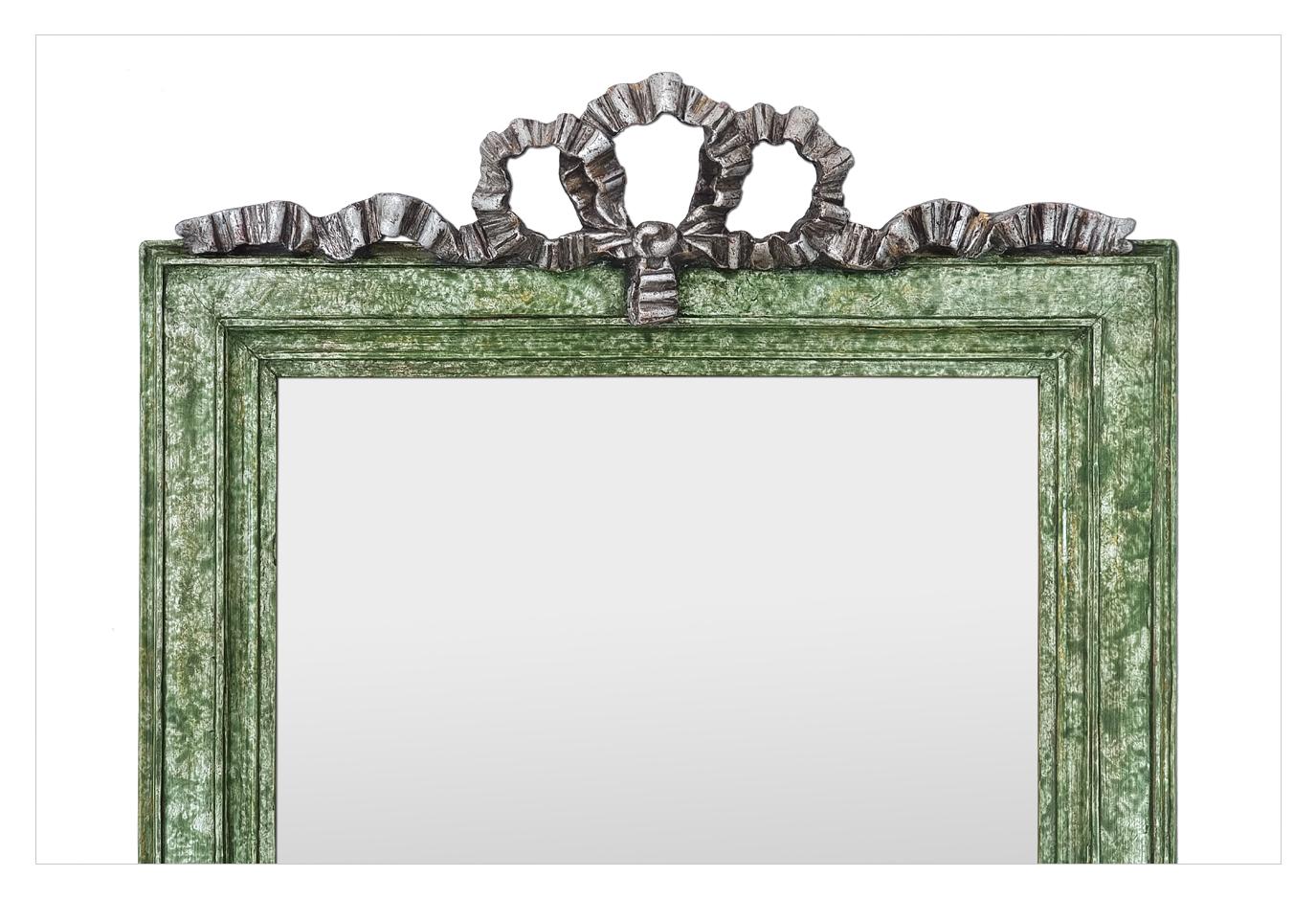 Gilt Antique French Green patinated Color Mirror. Silvered Wood Node, Louis XVI Style For Sale